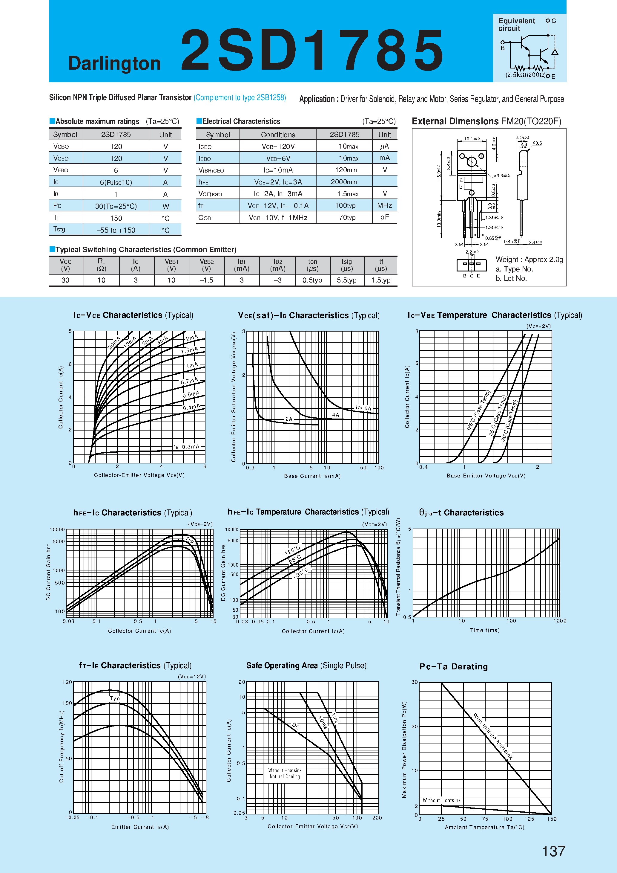 Даташит 2SD1785 - Silicon NPN Triple Diffused Planar Transistor(Driver for Solenoid/ Relay and Motor/ Series Regulator/ and General Purpose) страница 1