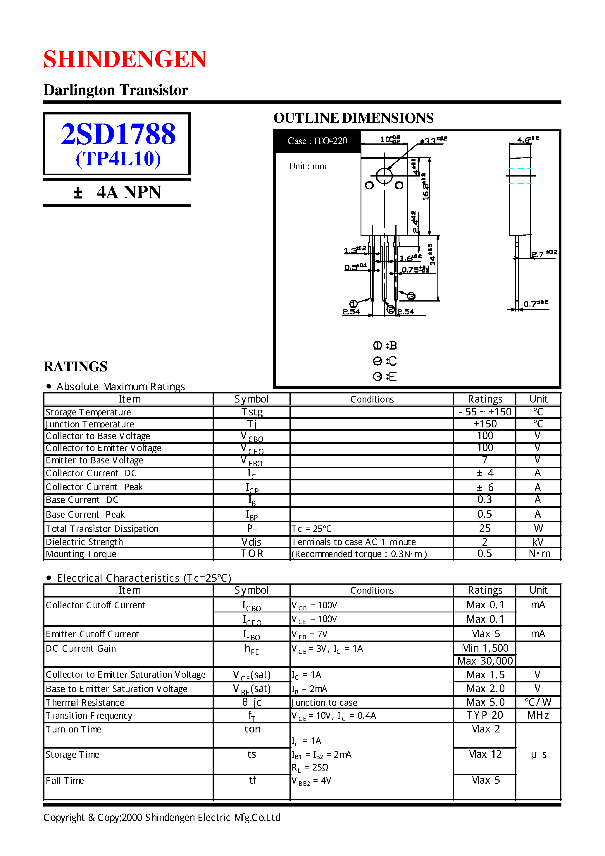 Datasheet 2SD1788 page 1 Datasheet 2SD1788 - Darlington Transistor( 4A NPN) page 1