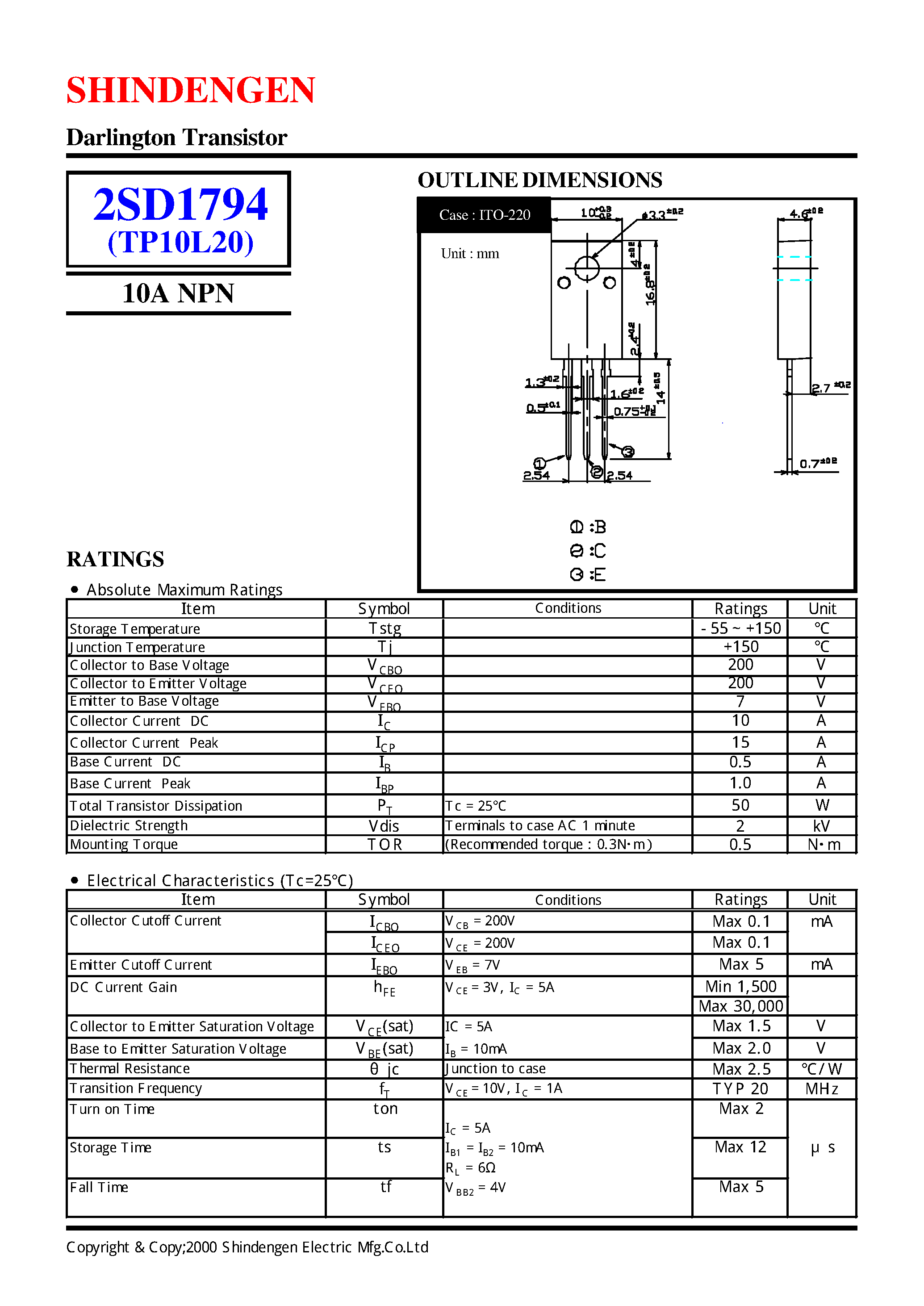 Datasheet 2SD1794 - Darlington Transistor(10A NPN) page 1