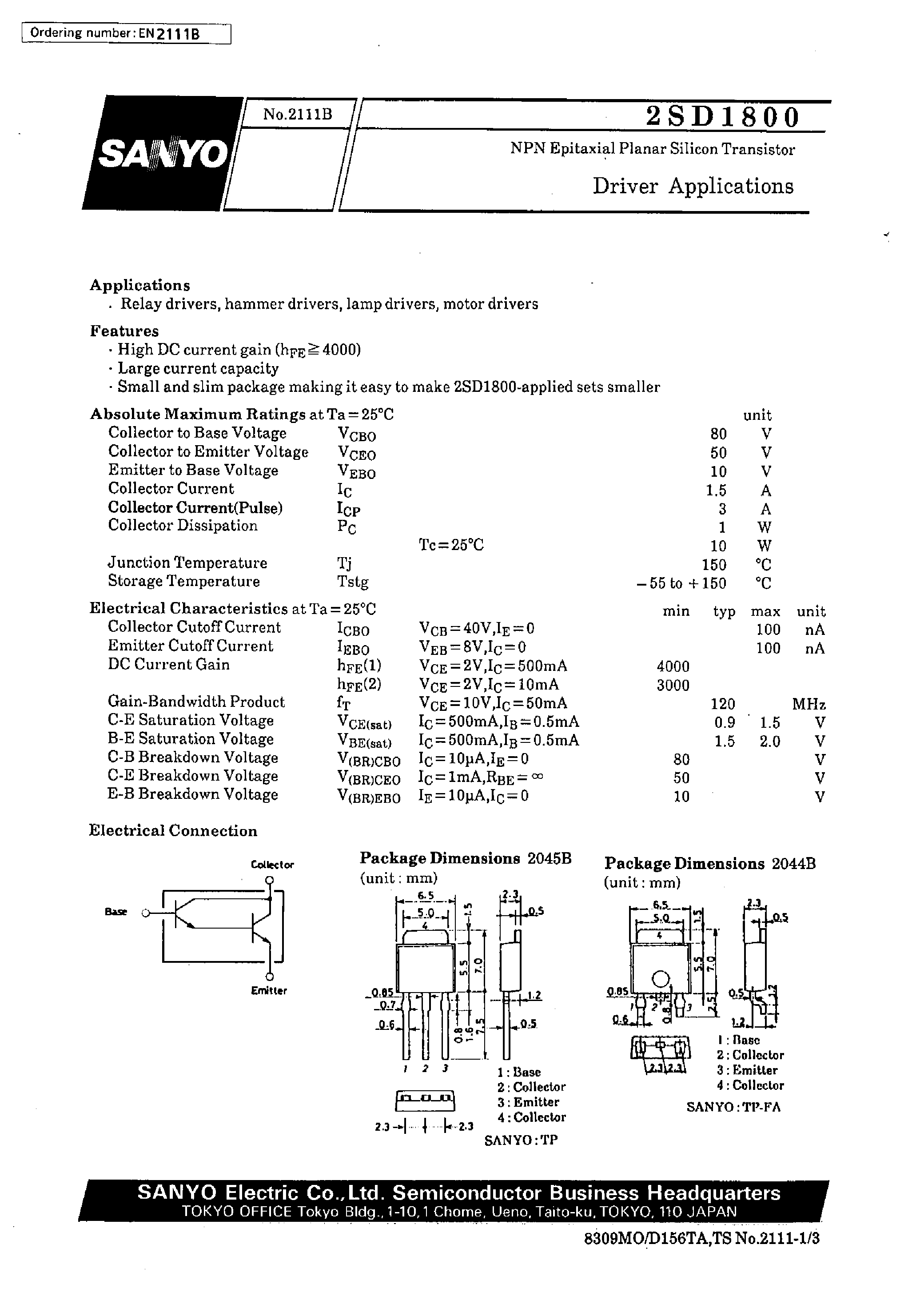 Datasheet 2SD1800 - Driver Applications page 1