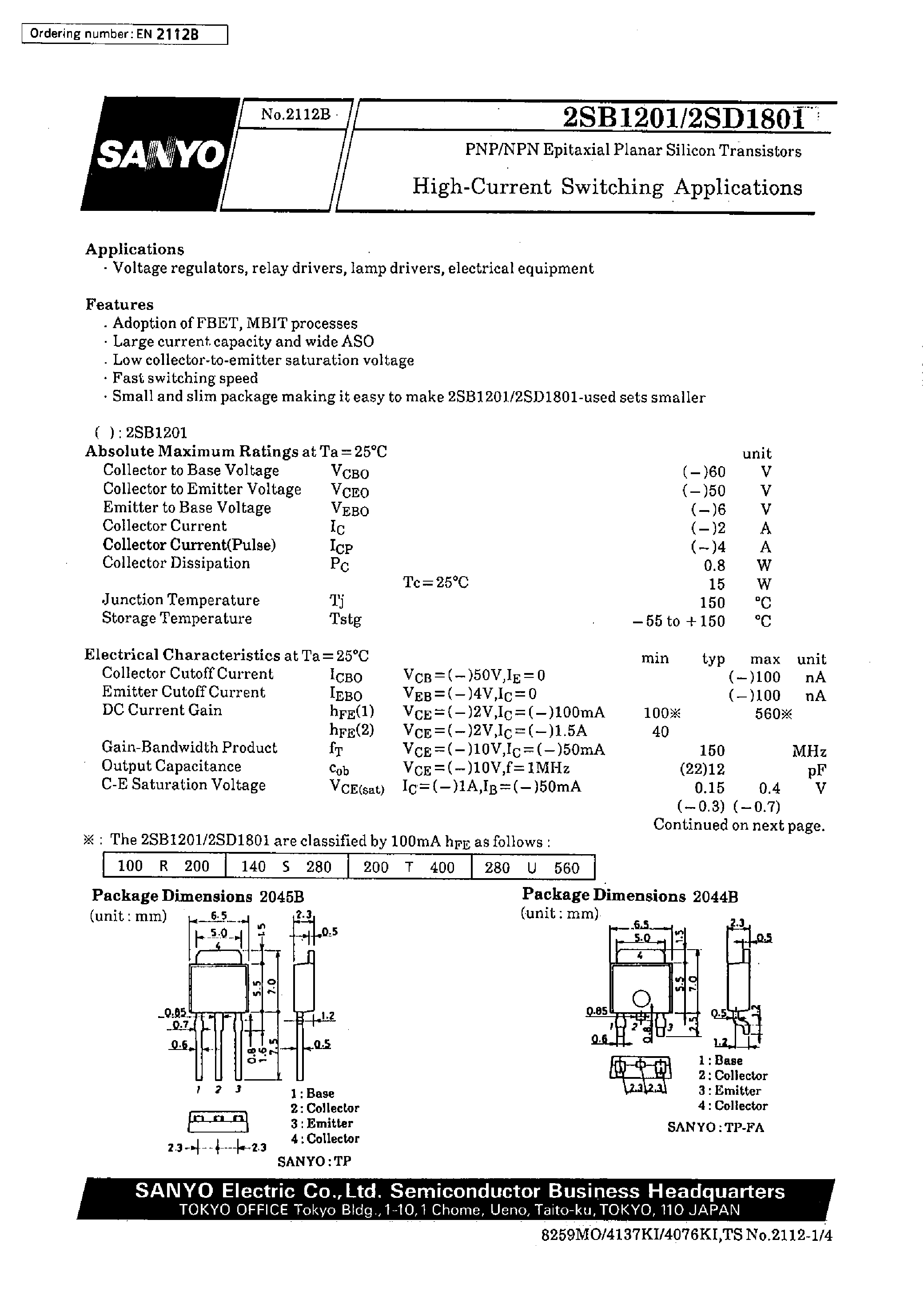 Datasheet 2SD1801 page 1 Datasheet 2SD1801 - High-Current Switching Applications page 1