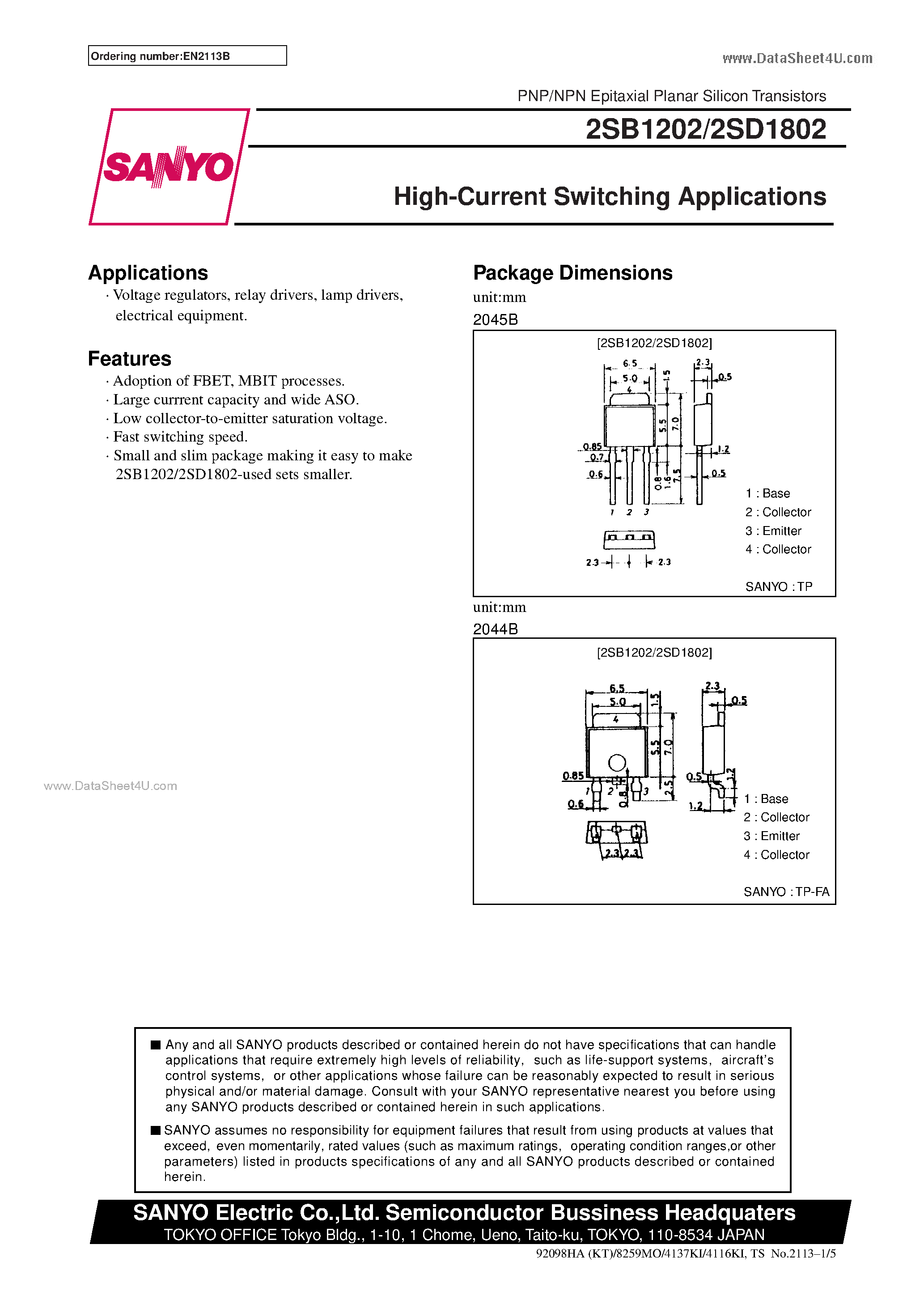 Datasheet 2SD1802 page 1 Datasheet 2SD1802 - High-Current Switching Applications page 1