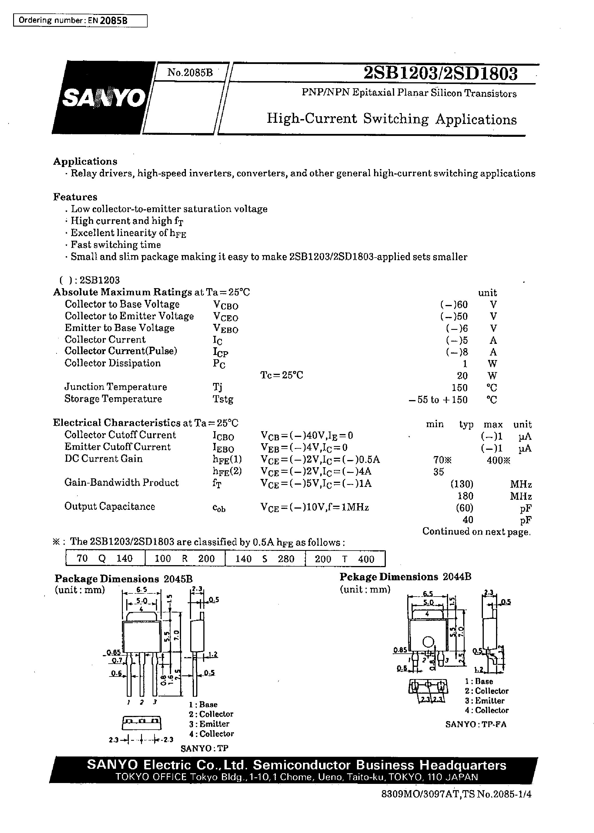 Datasheet 2SD1803 page 1 Datasheet 2SD1803 - High-Current Switching Applications page 1