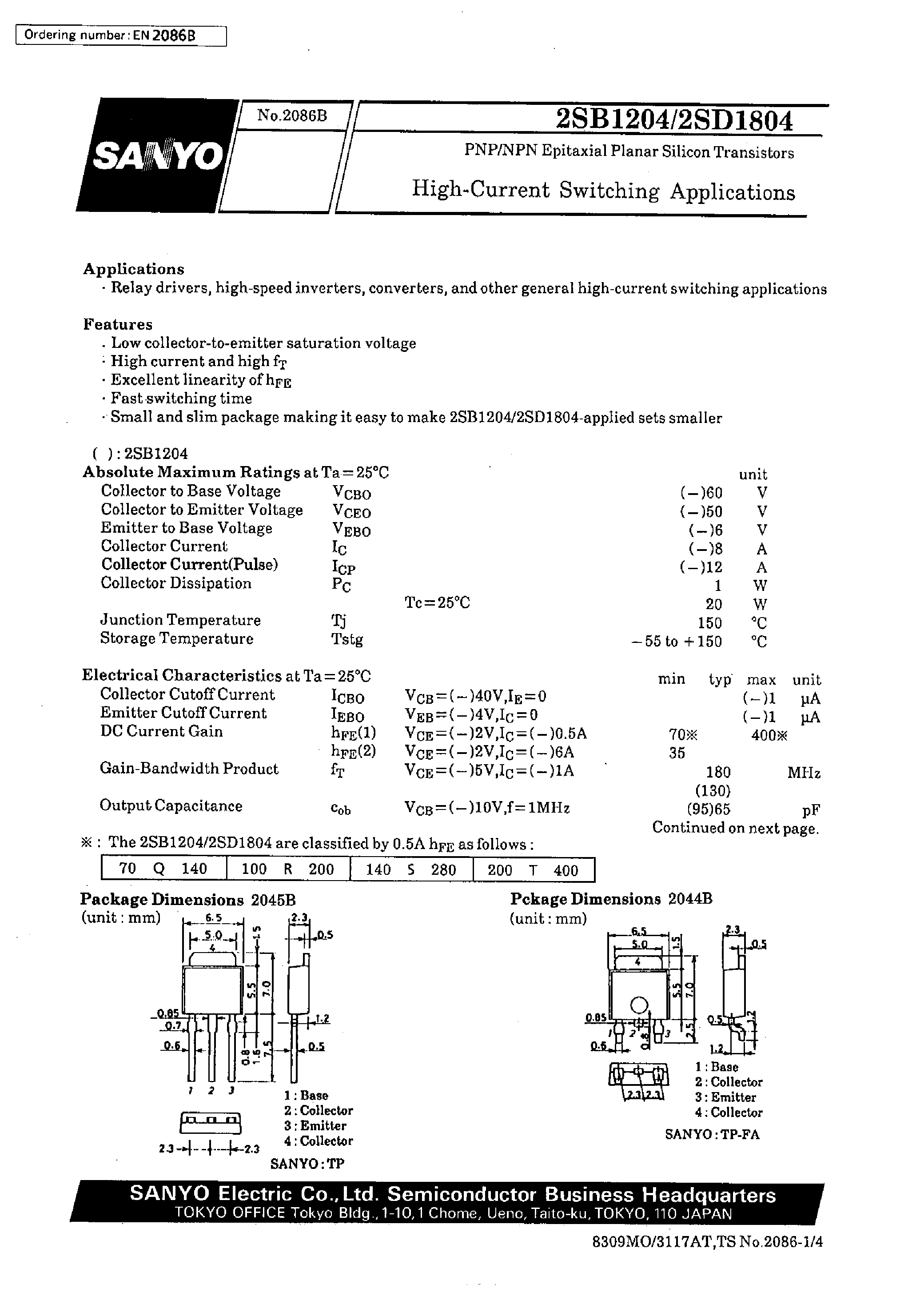 Datasheet 2SD1804 - High-Current Switching Applications page 1