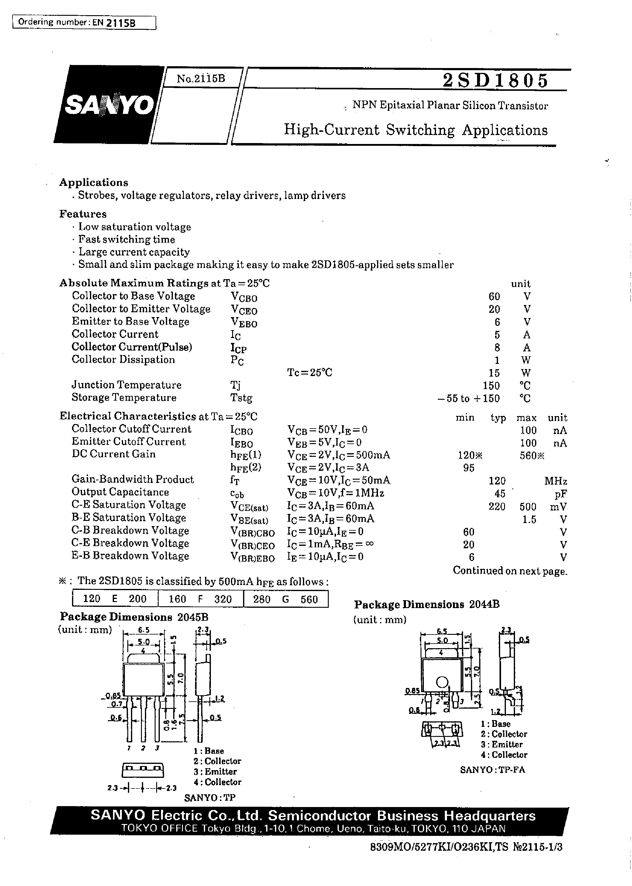 Datasheet 2SD1805 page 1 Datasheet 2SD1805 - High-Current Switching Applications page 1