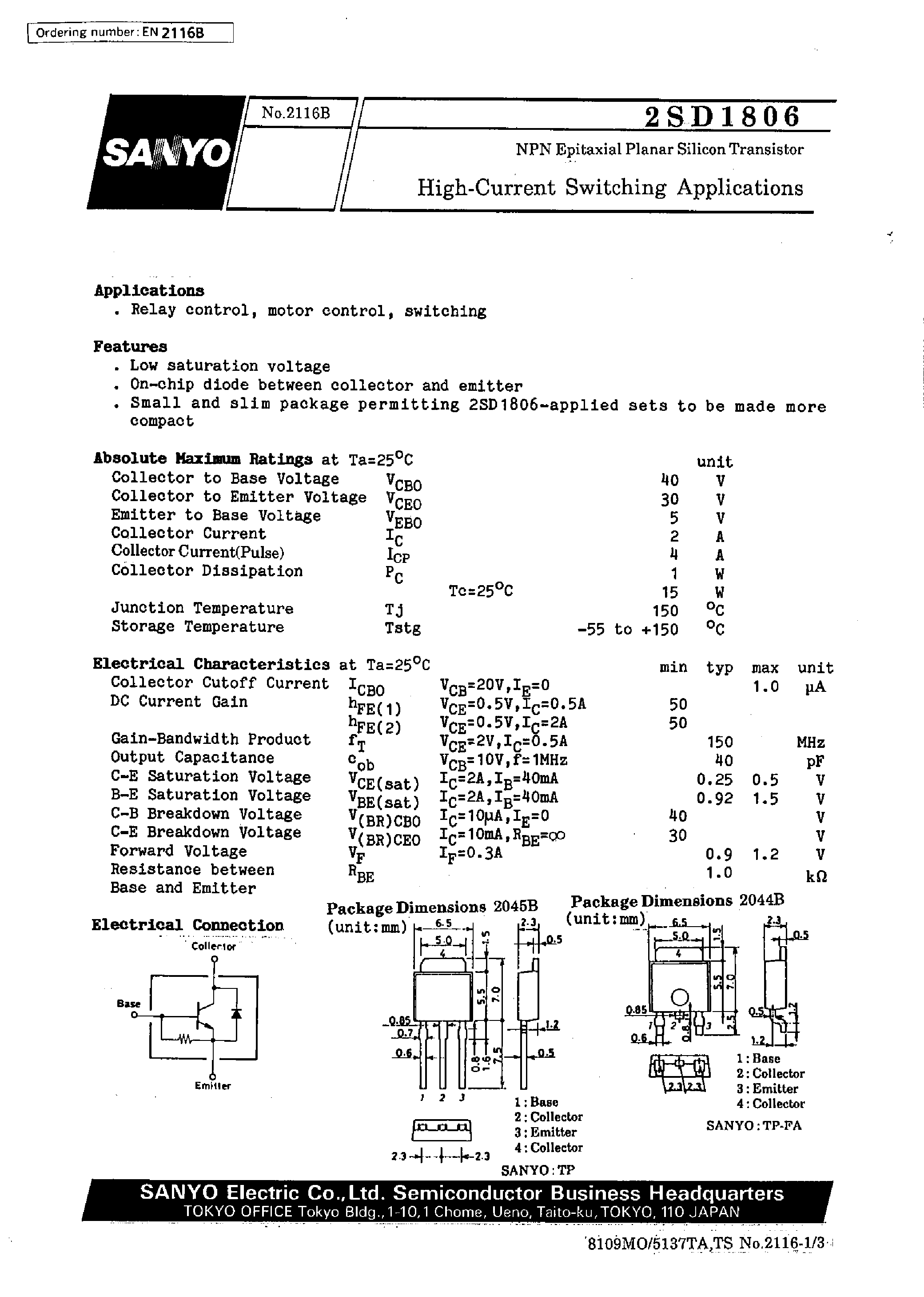 Datasheet 2SD1806 - High-Current Switching Applications page 1