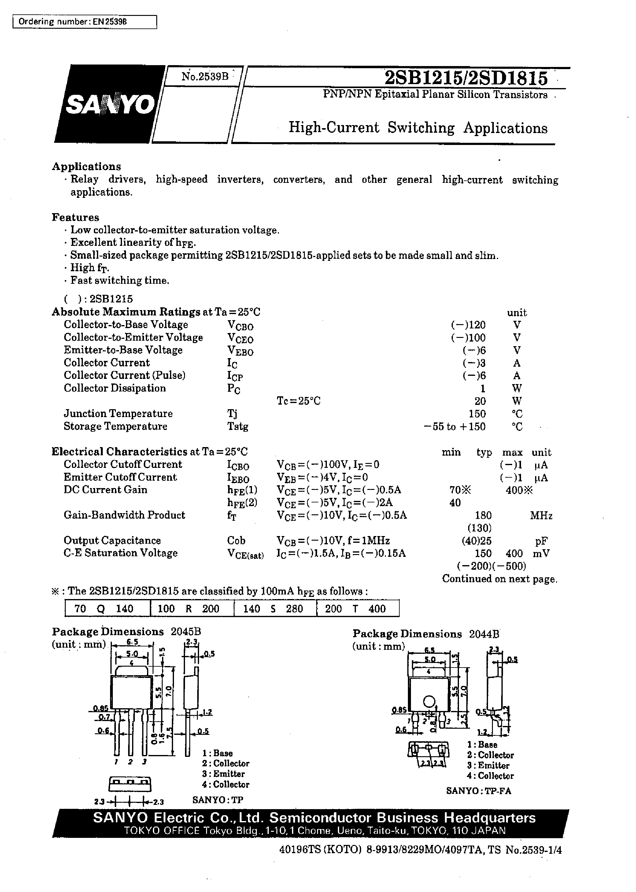 Datasheet 2SD1815 - High-Current Switching Applications page 1