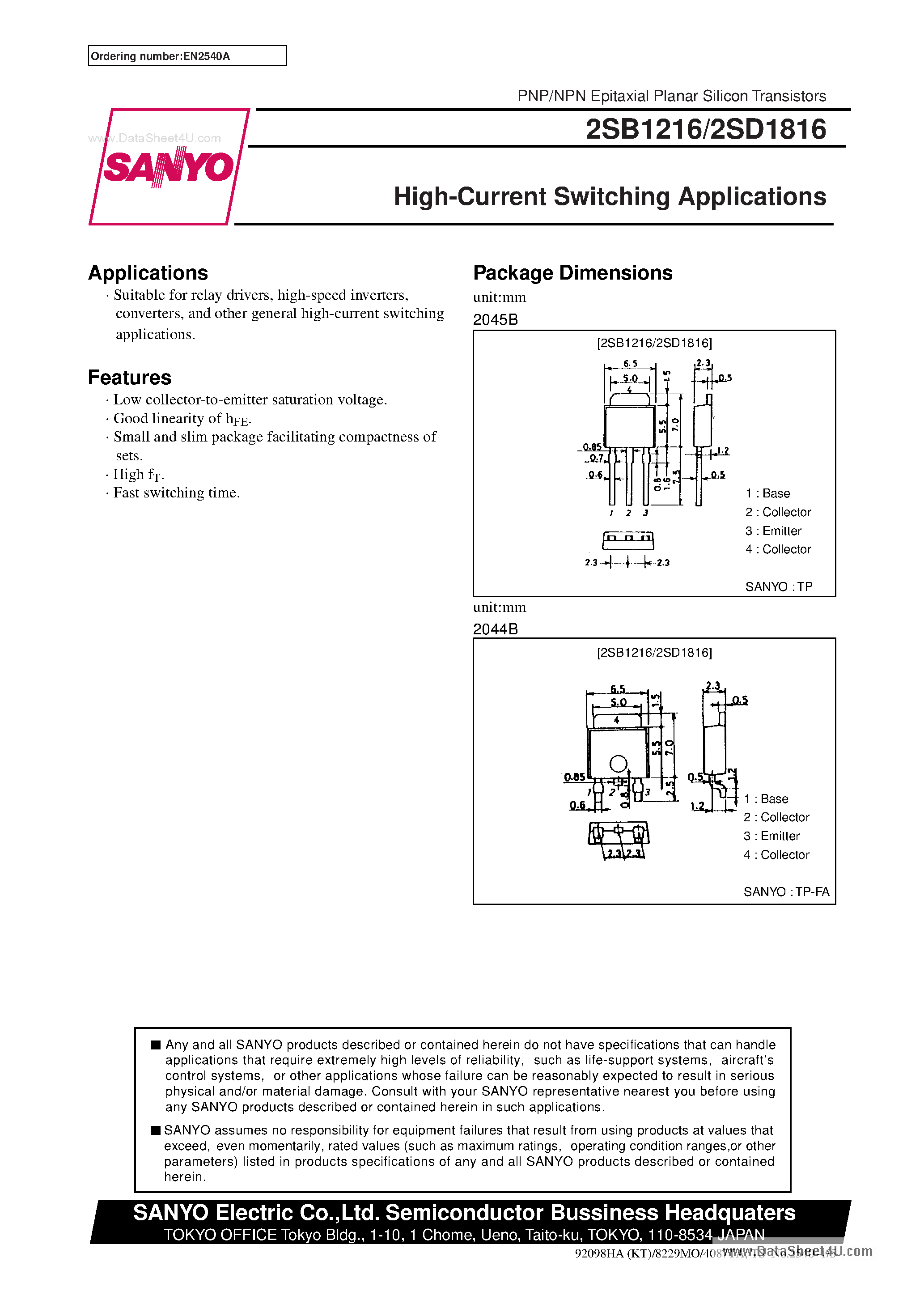 Datasheet 2SD1816 page 1 Datasheet 2SD1816 - High-Current Switching Applications page 1