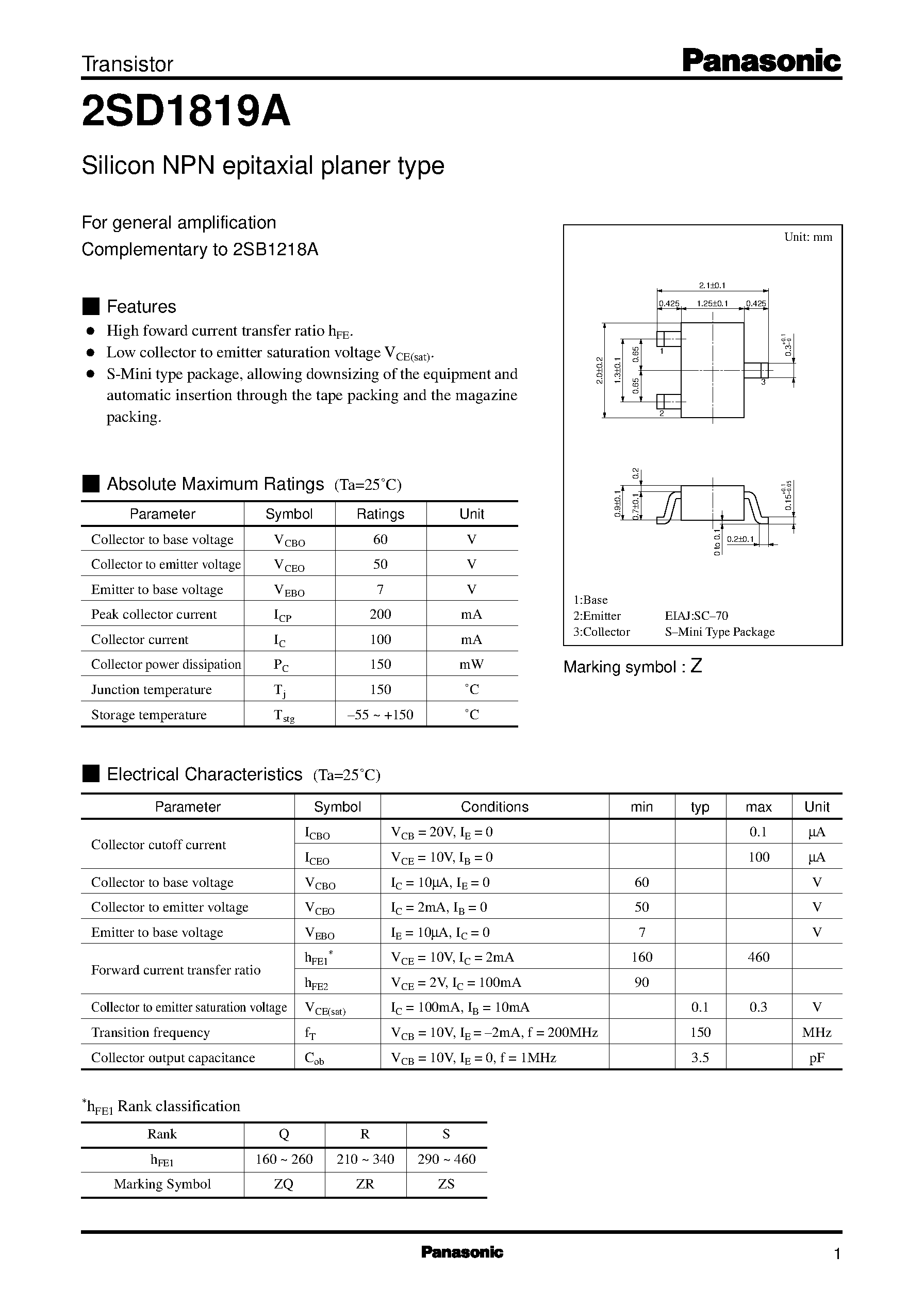 Datasheet 2SD1819A - Silicon NPN epitaxial planer type page 1