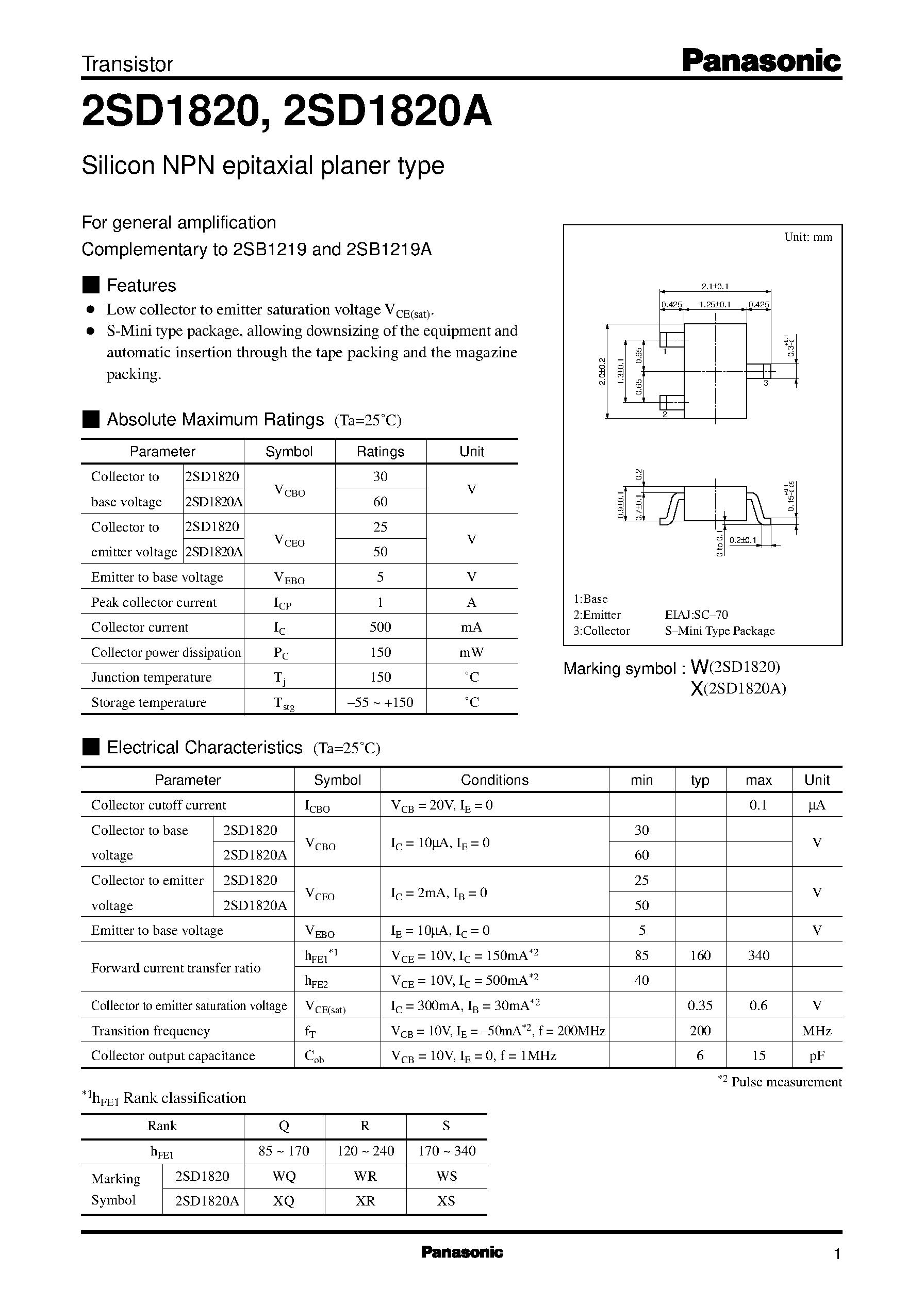 Datasheet 2SD1820 page 1 Datasheet 2SD1820 - Silicon PNP epitaxial planer type page 1