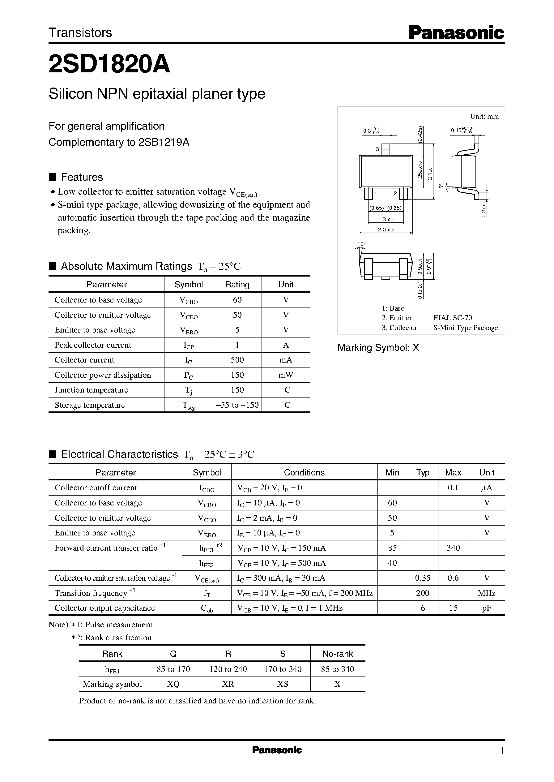 Datasheet 2SD1820A - Silicon NPN epitaxial planer type page 1