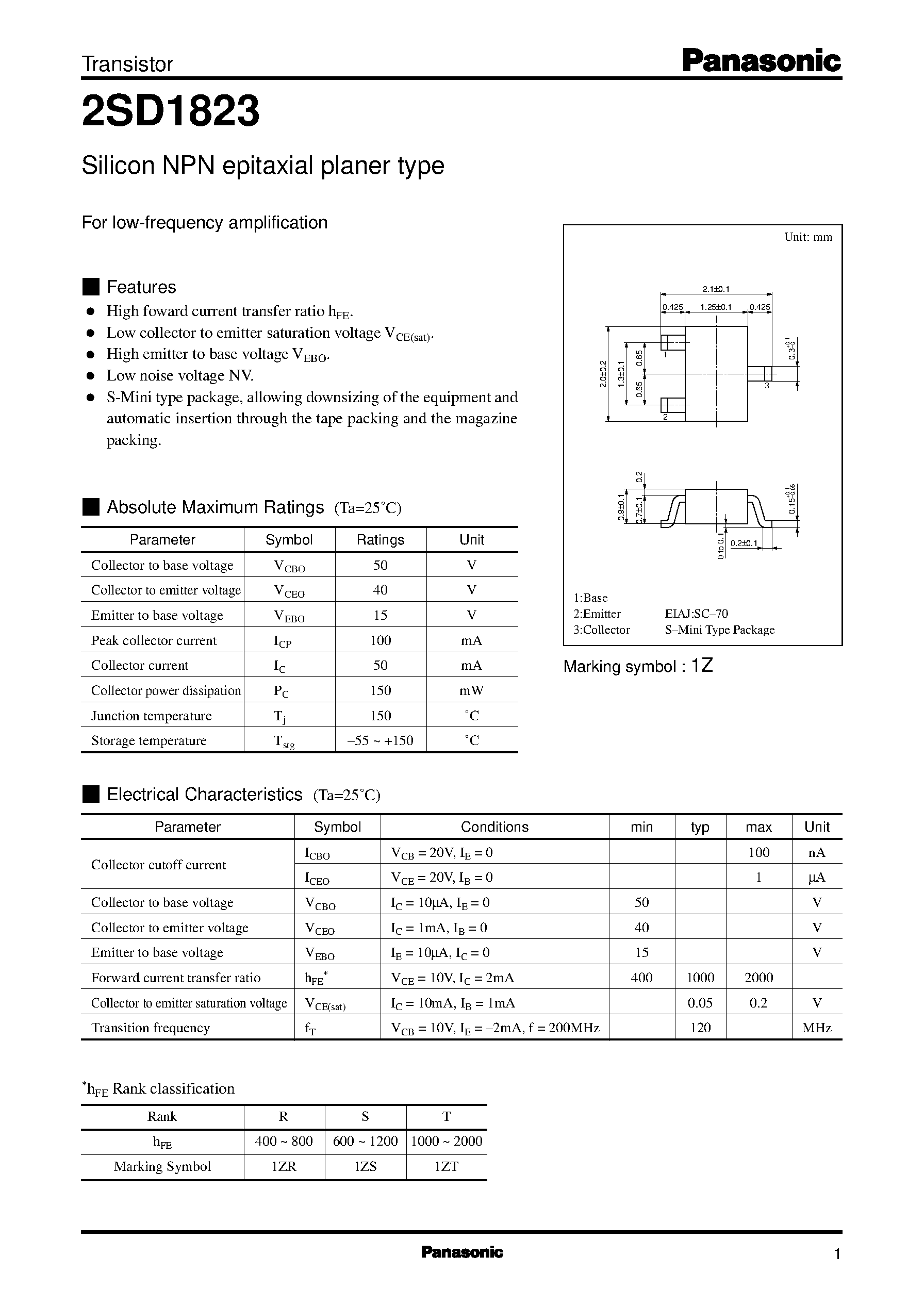Datasheet 2SD1823 - Silicon NPN epitaxial planer type(For low-frequency amplification) page 1