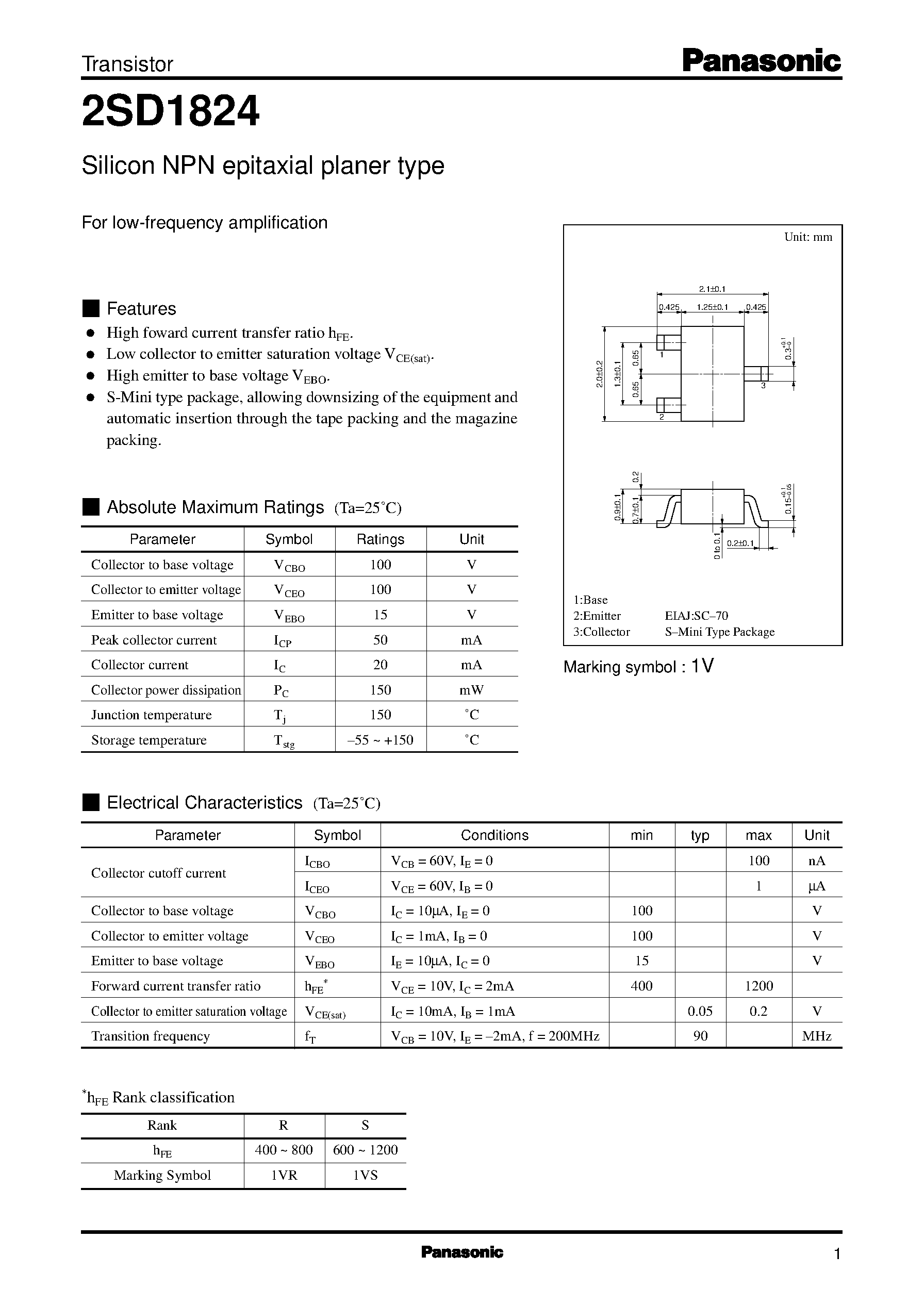 Datasheet 2SD1824 page 1 Datasheet 2SD1824 - Silicon NPN epitaxial planer type(For low-frequency amplification) page 1