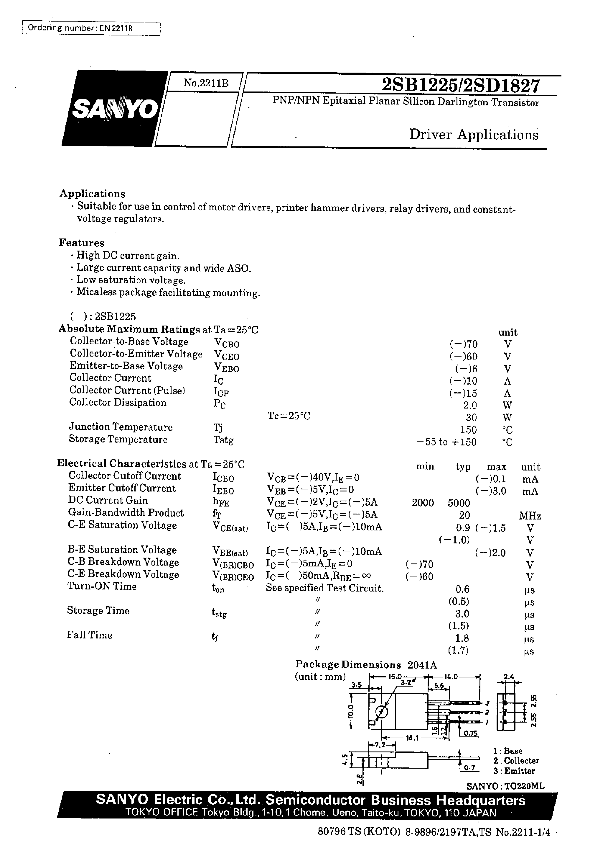 Datasheet 2SD1827 page 1 Datasheet 2SD1827 - Driver Applications page 1