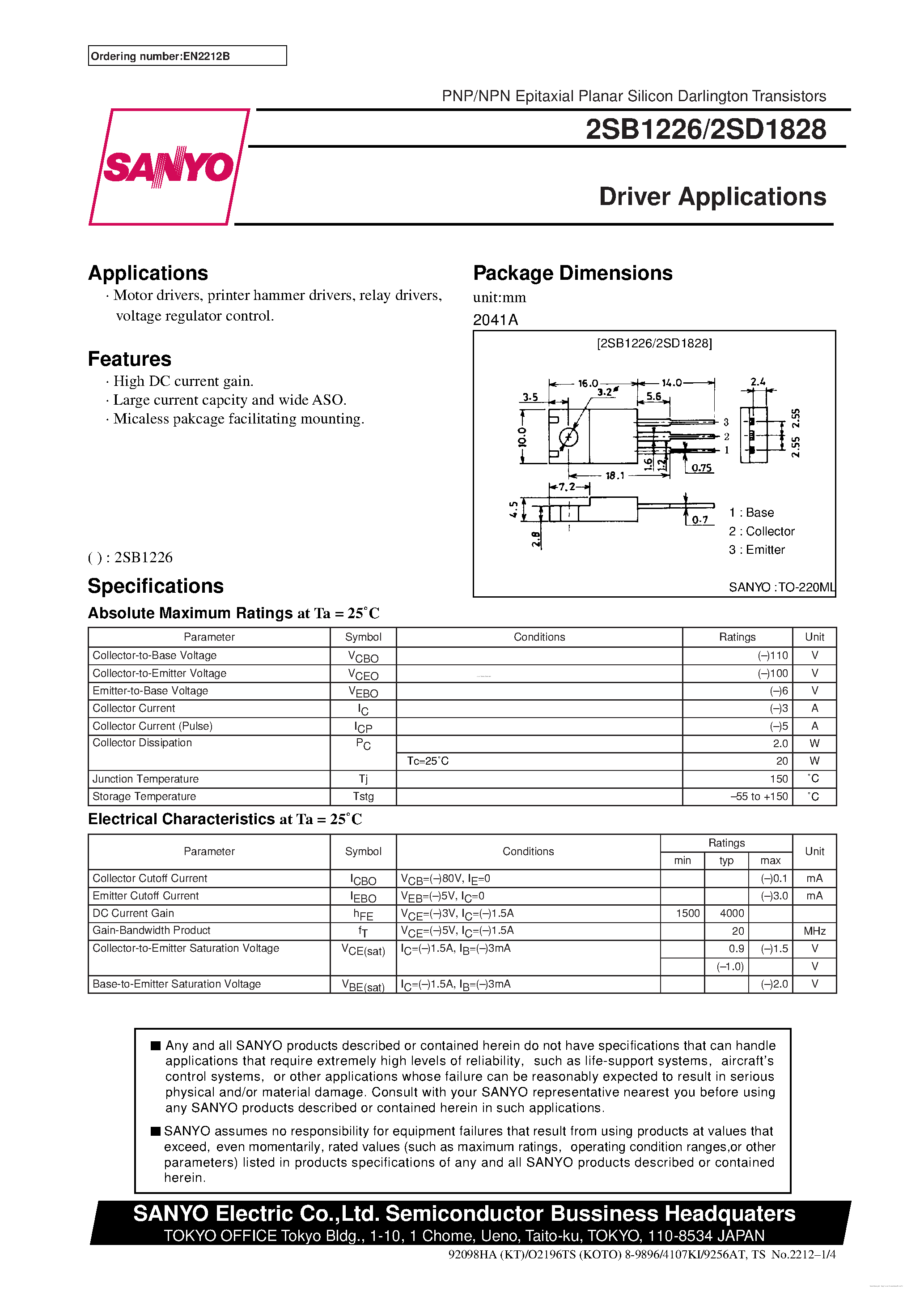 Datasheet 2SD1828 - Driver Applications page 1