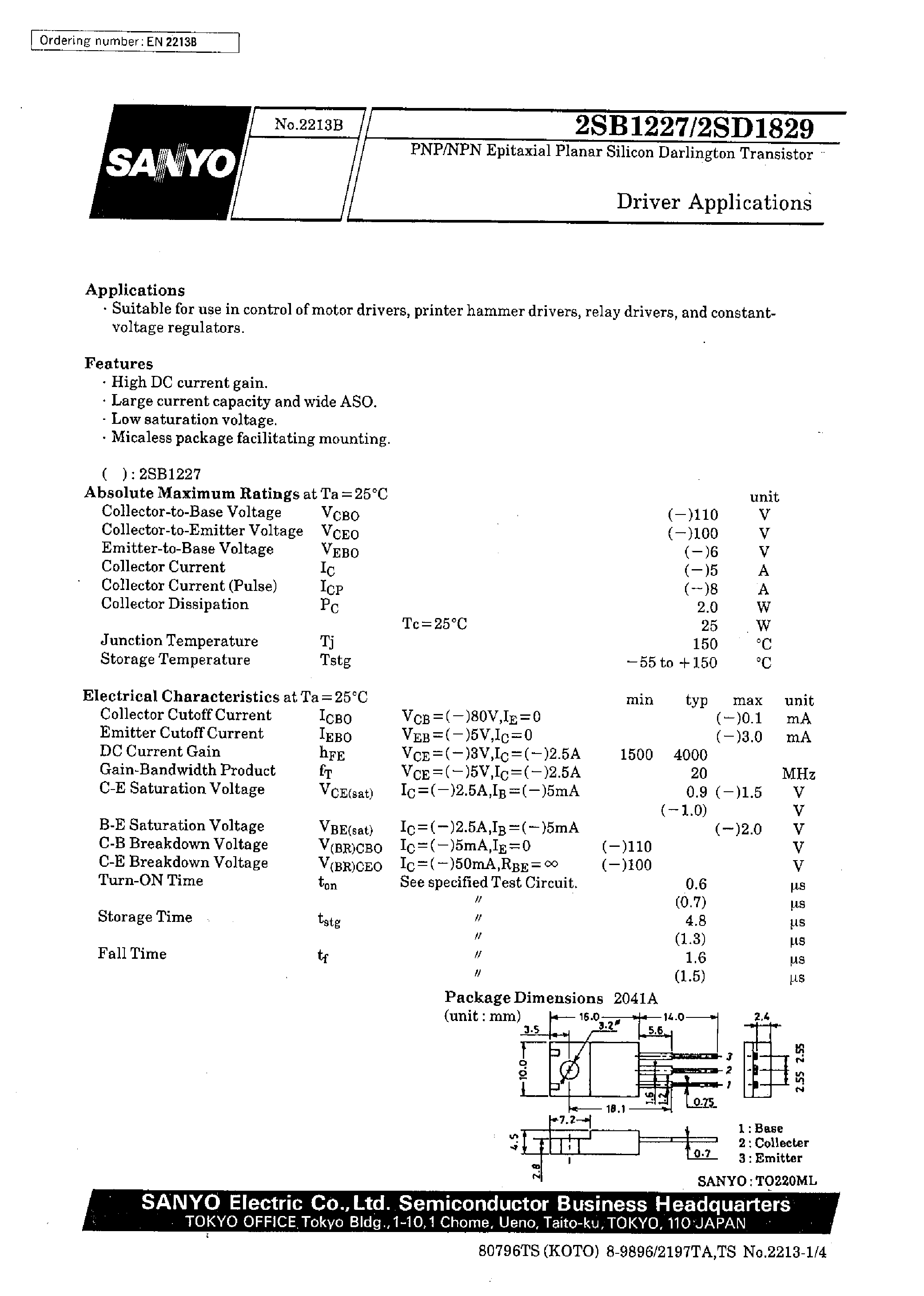 Datasheet 2SD1829 page 1 Datasheet 2SD1829 - Driver Applications page 1
