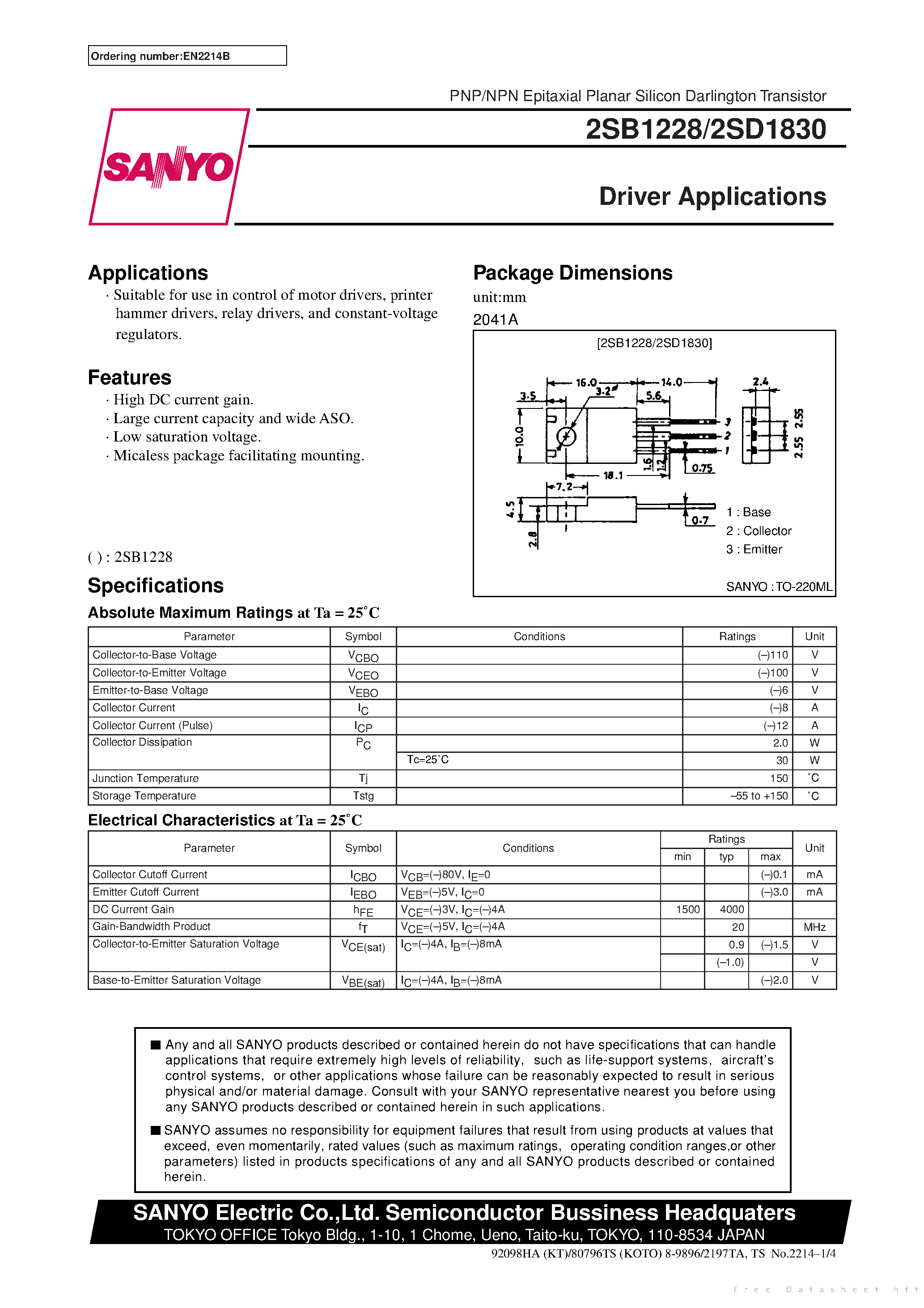 Datasheet 2SD1830 page 1 Datasheet 2SD1830 - Driver Applications page 1