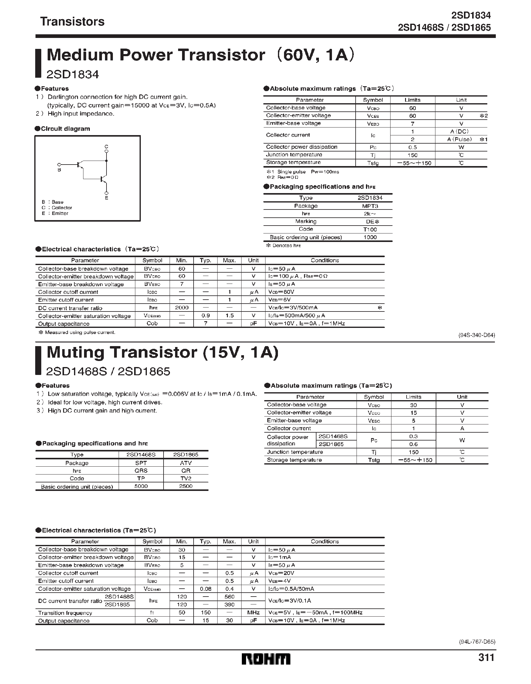 Datasheet 2SD1834 page 1 Datasheet 2SD1834 - MEDIUM POWER TRANSISTOR page 1