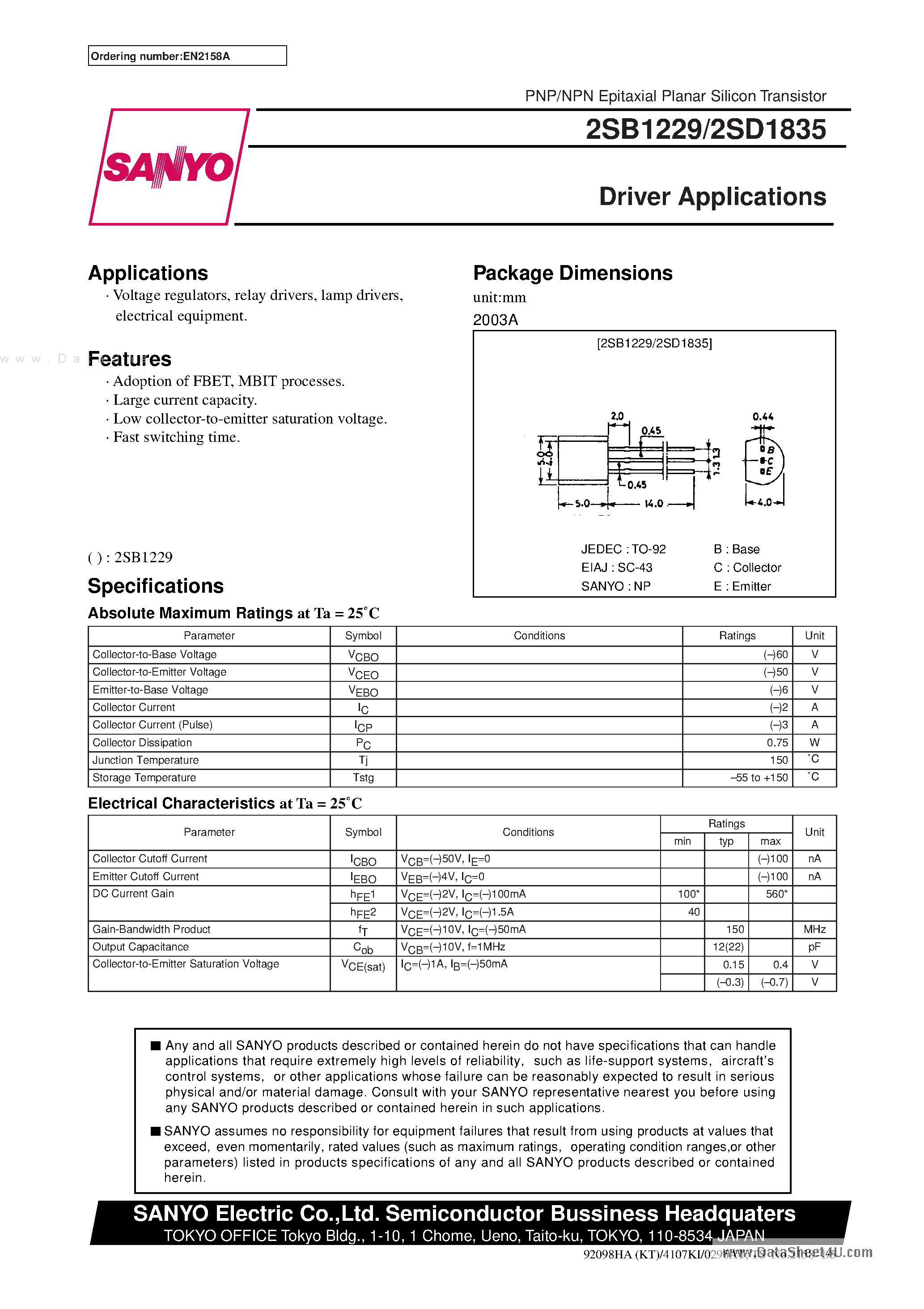 Datasheet 2SD1835 - High-Current Switching Applications page 1