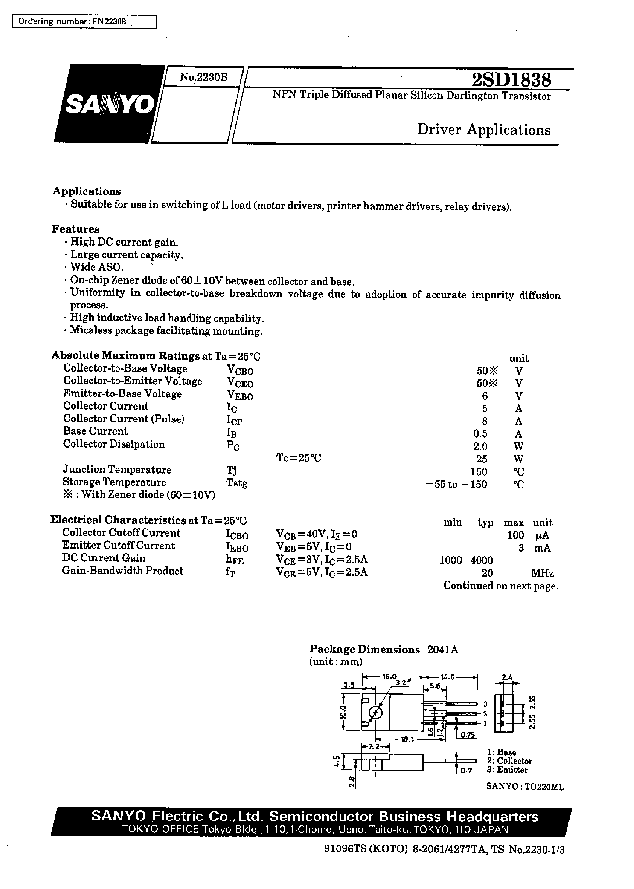 Datasheet 2SD1838 page 1 Datasheet 2SD1838 - Driver Applications page 1