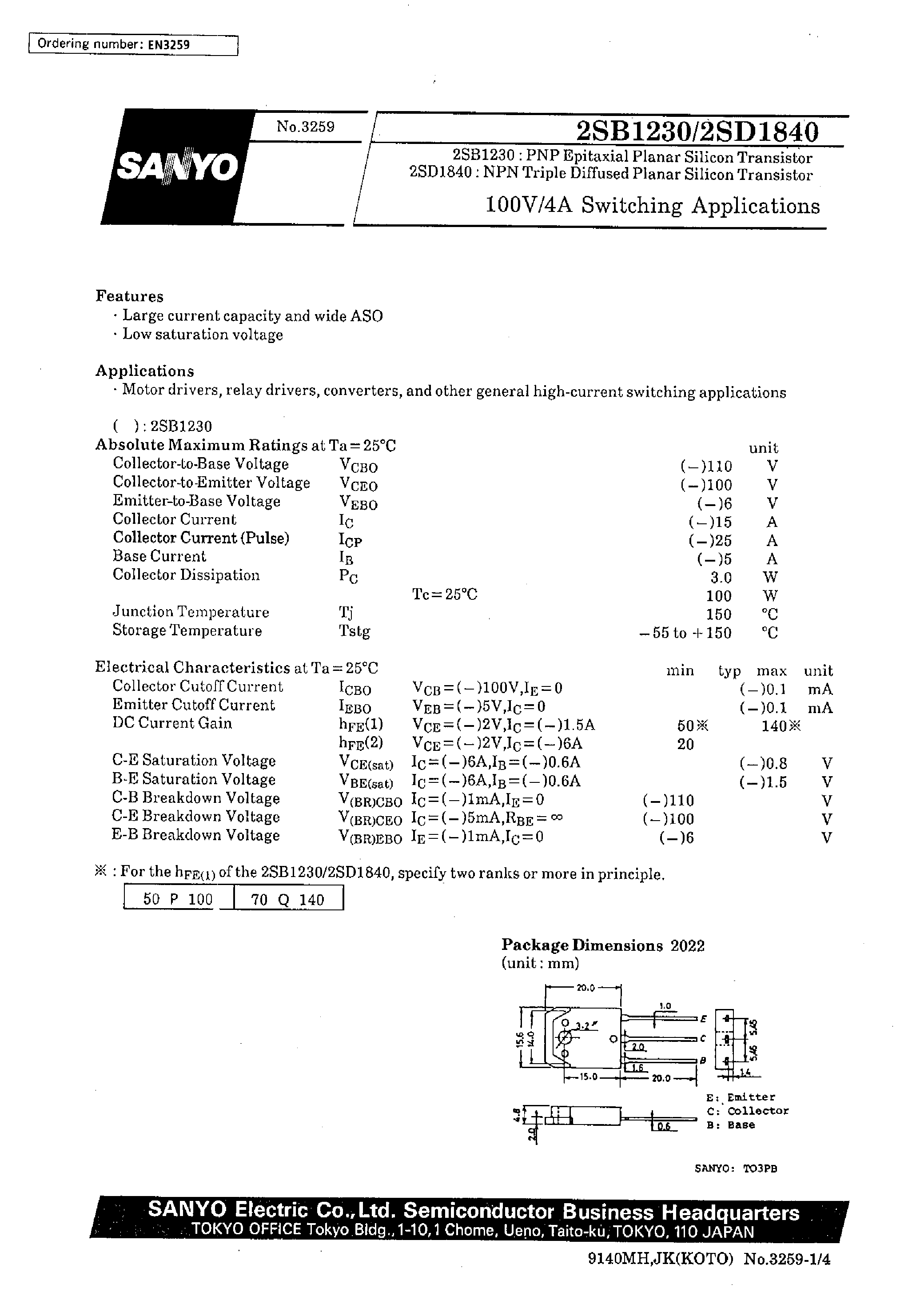 Datasheet 2SD1840 - 100V/4A Switching Applications page 1