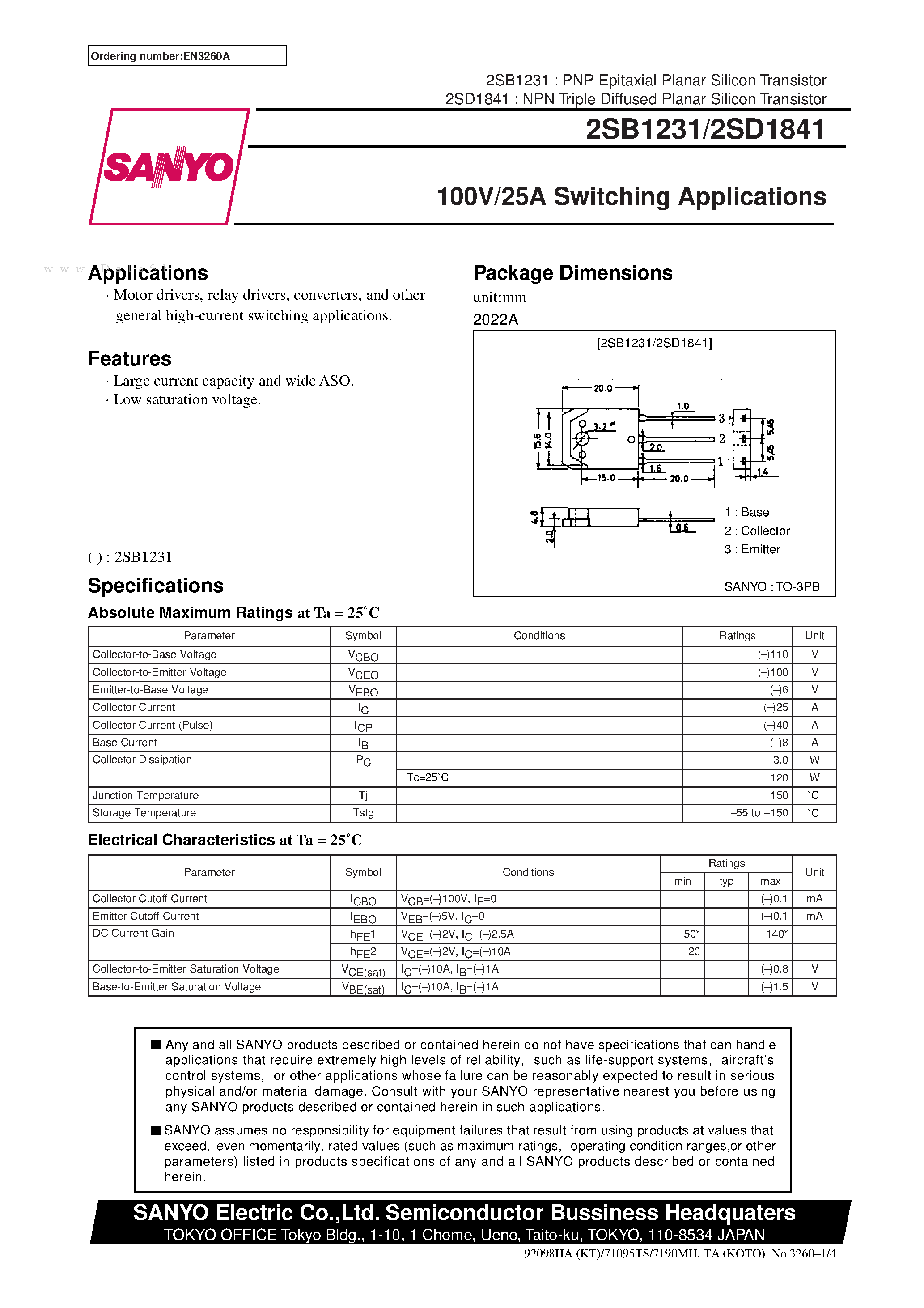 Datasheet 2SD1841 - 100V/25A Switching Applications page 1