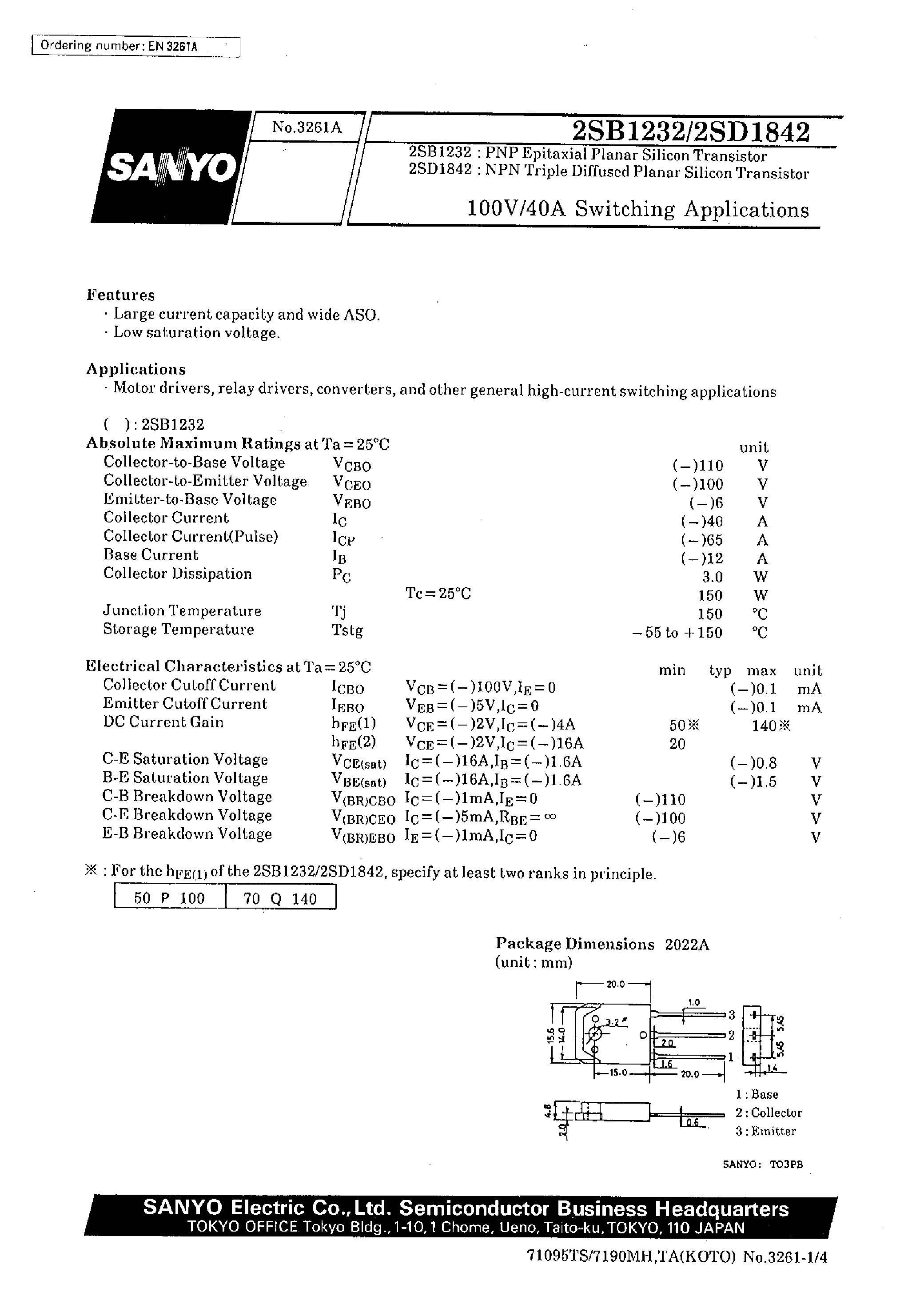 Datasheet 2SD1842 - 100V/40A Switching Applications page 1