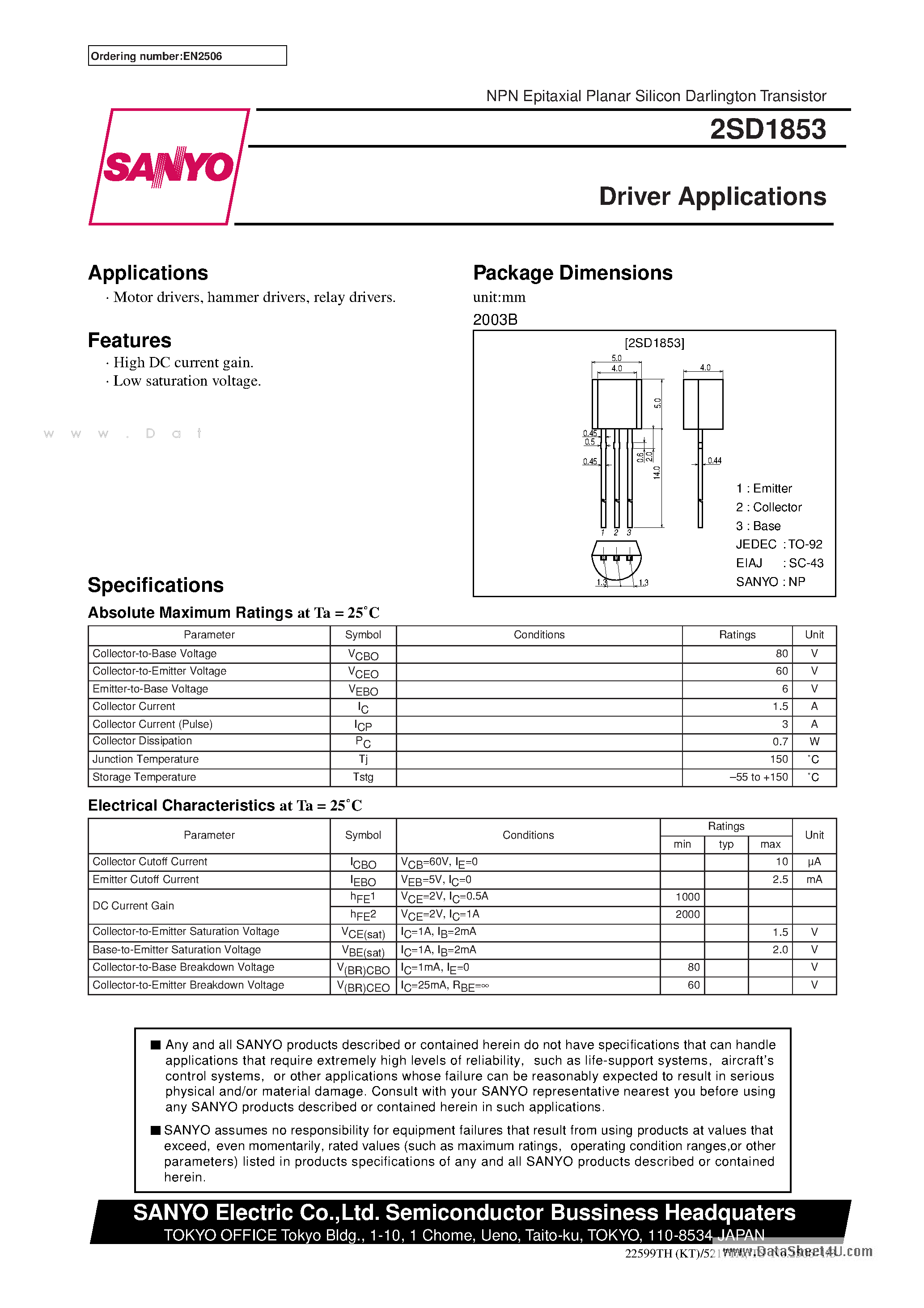 Datasheet 2SD1853 - Driver Applications page 1