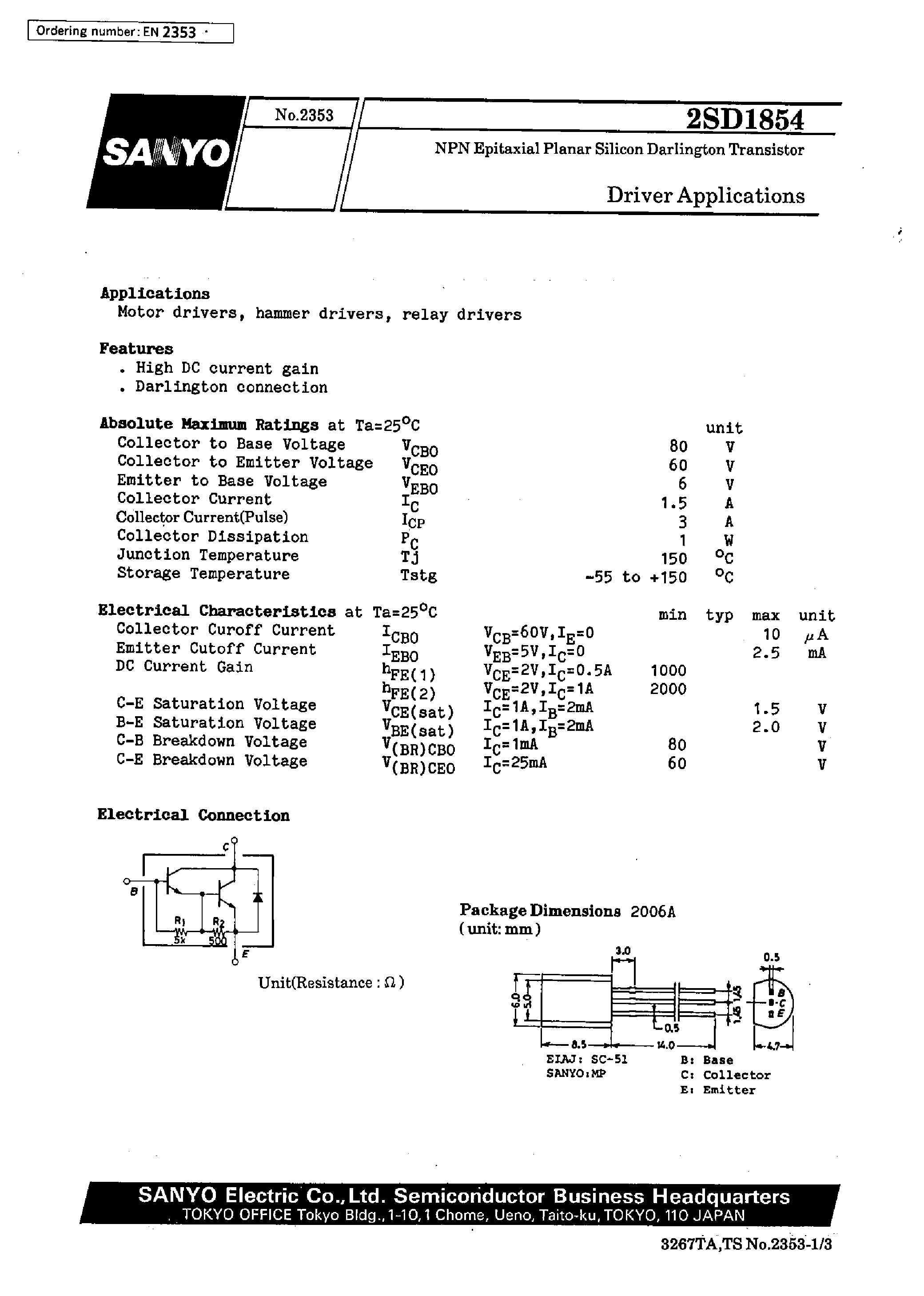 Datasheet 2SD1854 - Driver Applications page 1