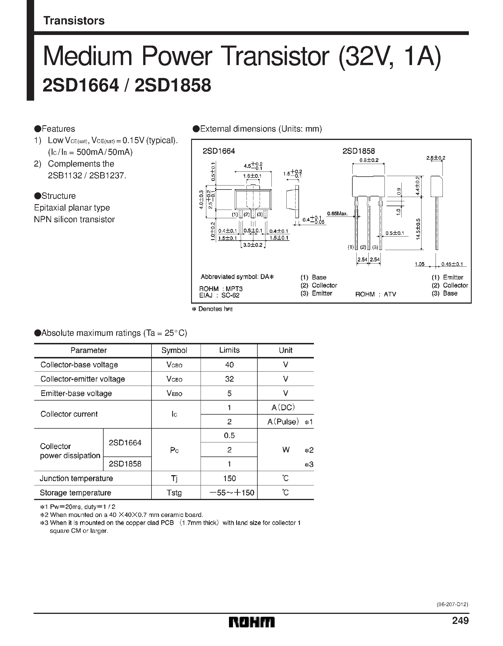 Datasheet 2SD1858 - Medium Power Transistor (32V/ 1A) page 1