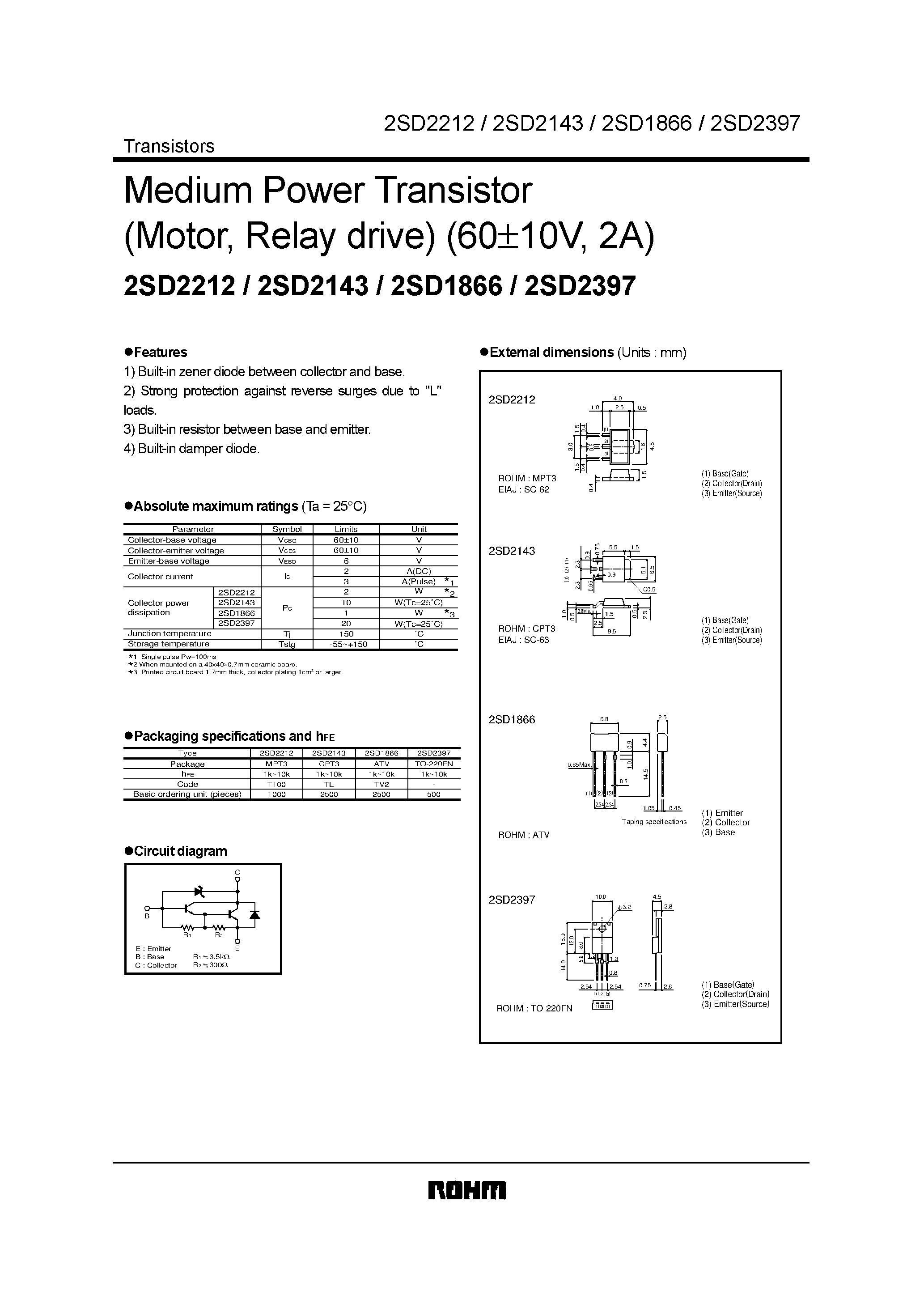 Datasheet 2SD1866 - Medium Power Transistor(Motor/ Relay drive) (6010V/ 2A) page 1