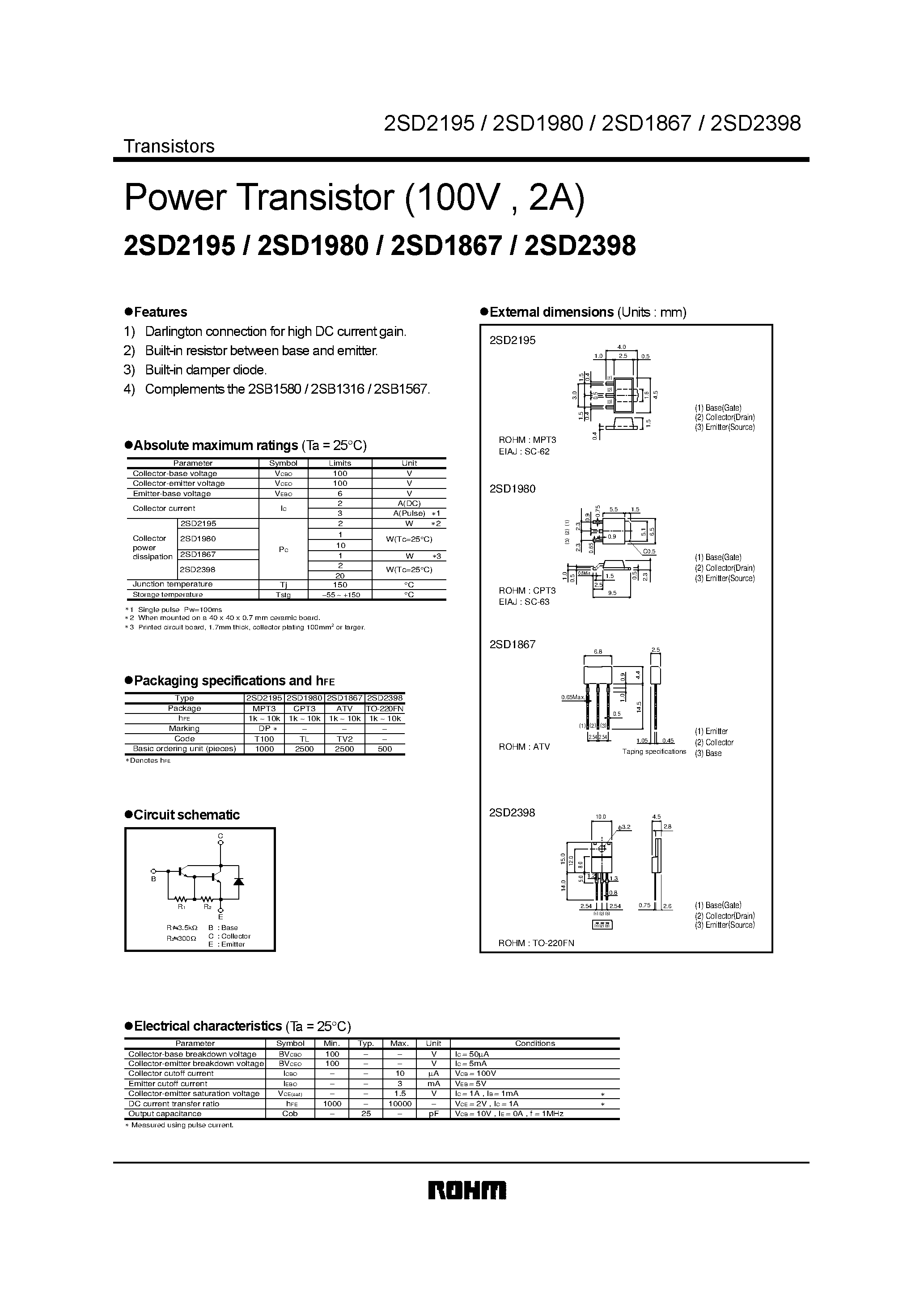 Datasheet 2SD1867 - Power Transistor (100V / 2A) page 1