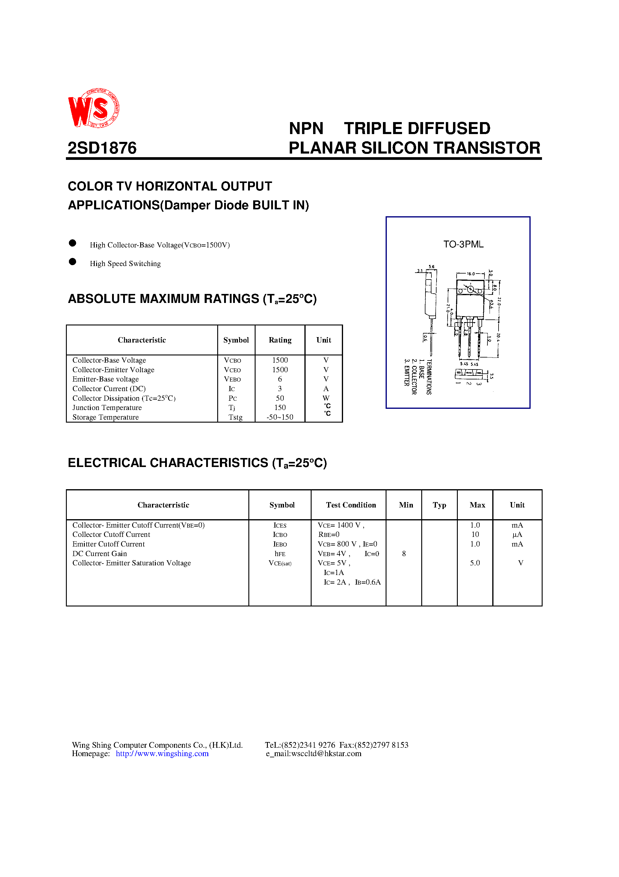 Datasheet 2SD1876 - NPN TRIPLE DIFFUSED PLANAR SILICON TRANSISTOR(COLOR TV HORIZONTAL OUTPUT APPLICATIONS) page 1