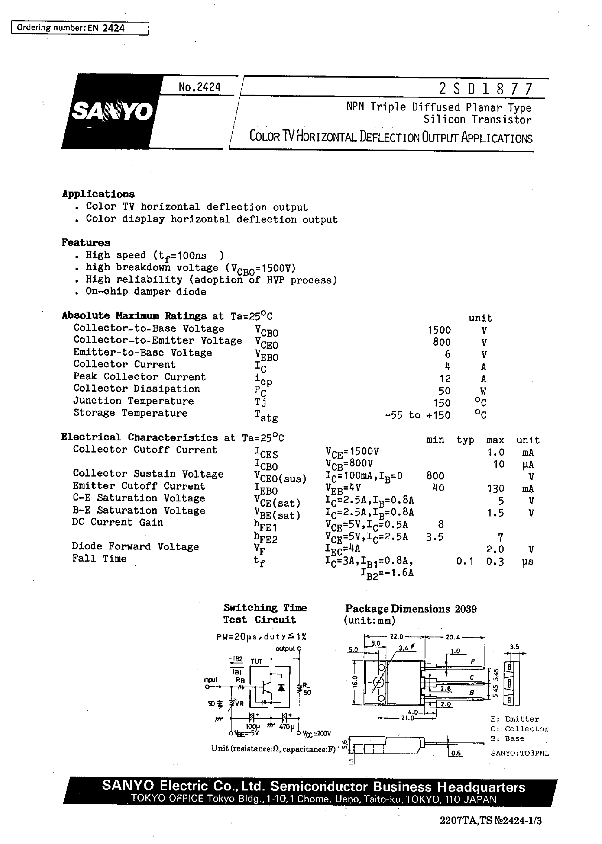 Datasheet 2SD1877 - Color TV Horizontal Deflection Output Applications page 1