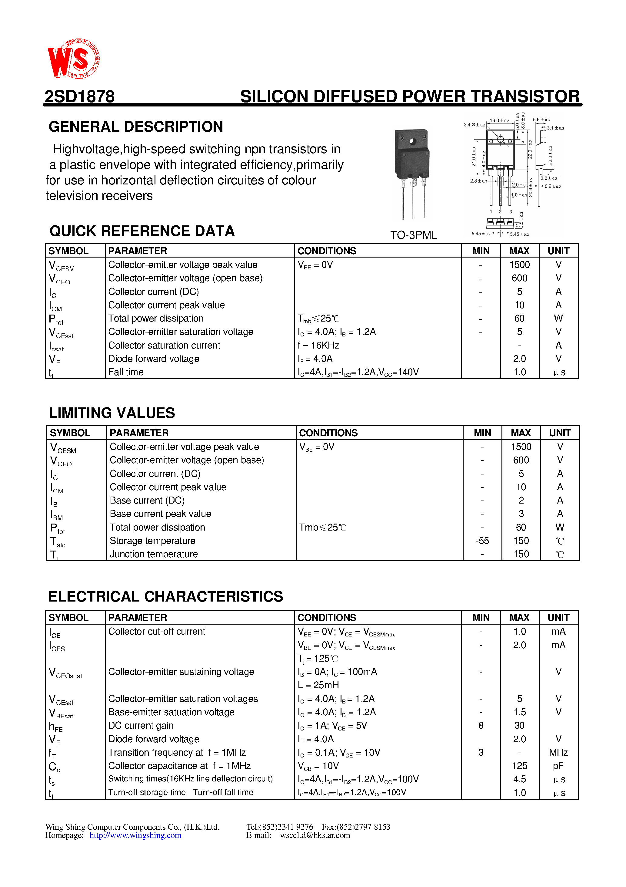 Datasheet 2SD1878 - SILICON DIFFUSED POWER TRANSISTOR(GENERAL DESCRIPTION) page 1