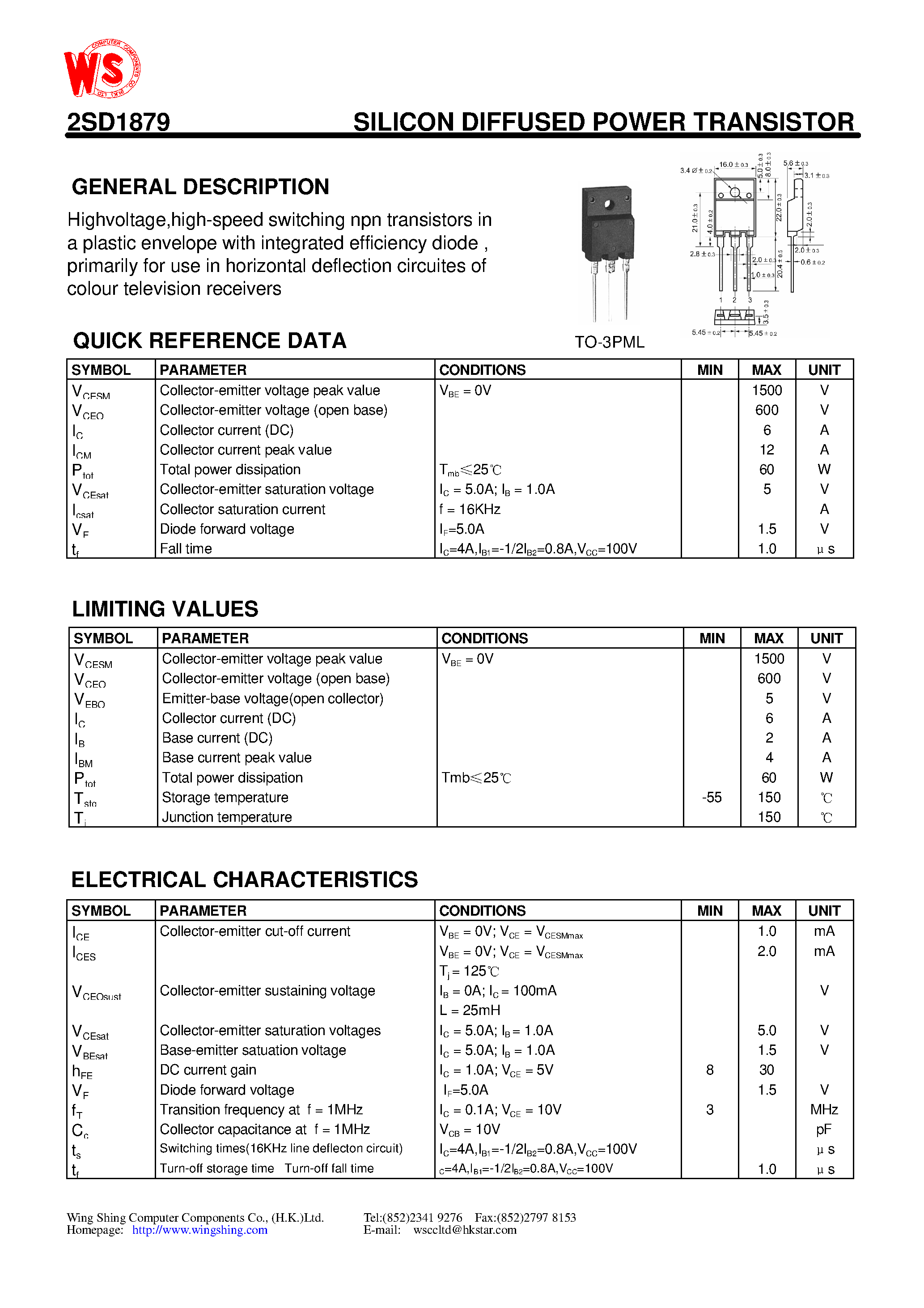 Datasheet 2SD1879 - SILICON DIFFUSED POWER TRANSISTOR(GENERAL DESCRIPTION) page 1