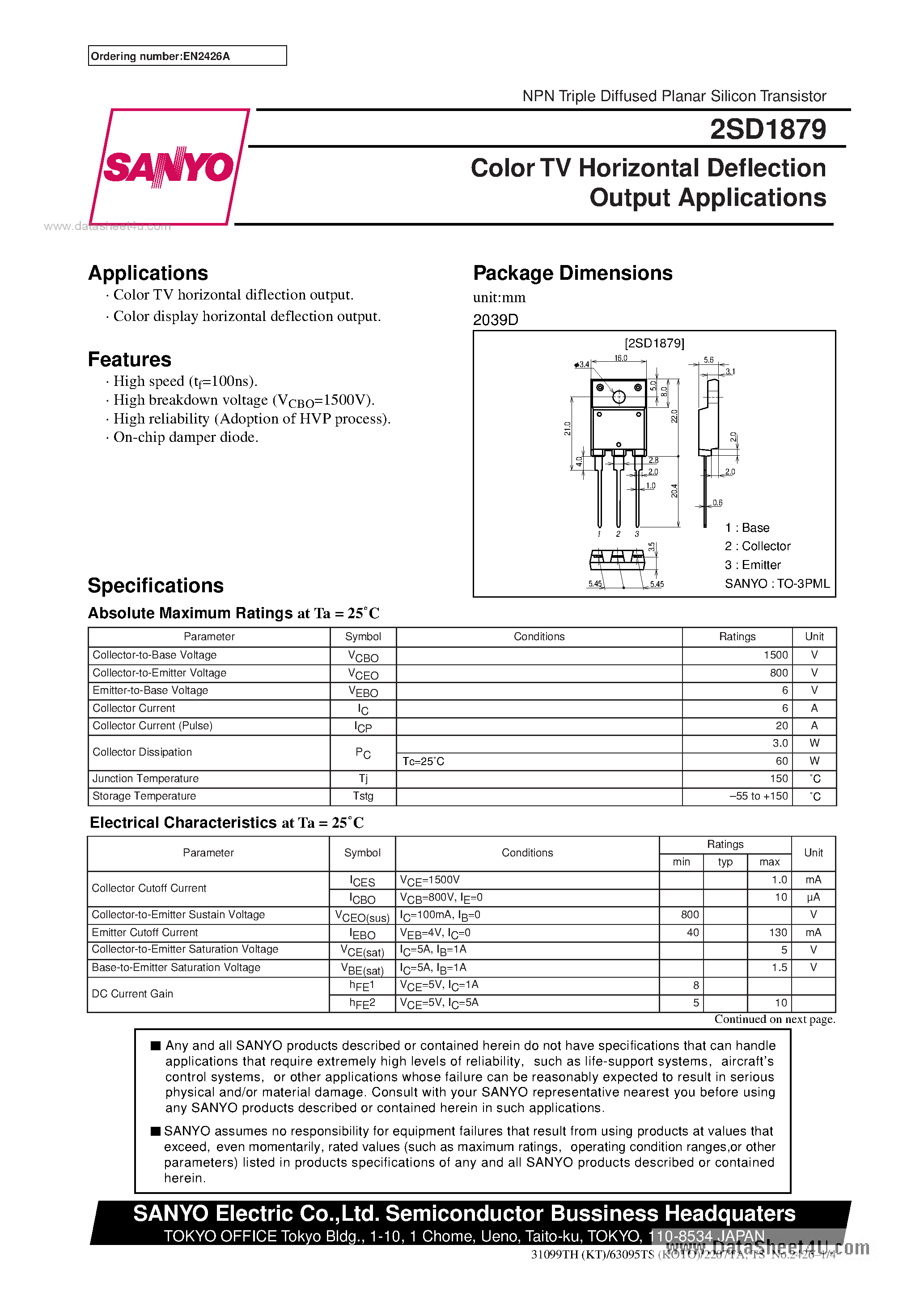 Datasheet 2SD1879 - Color TV Horizontal Deflection Output Applications page 1