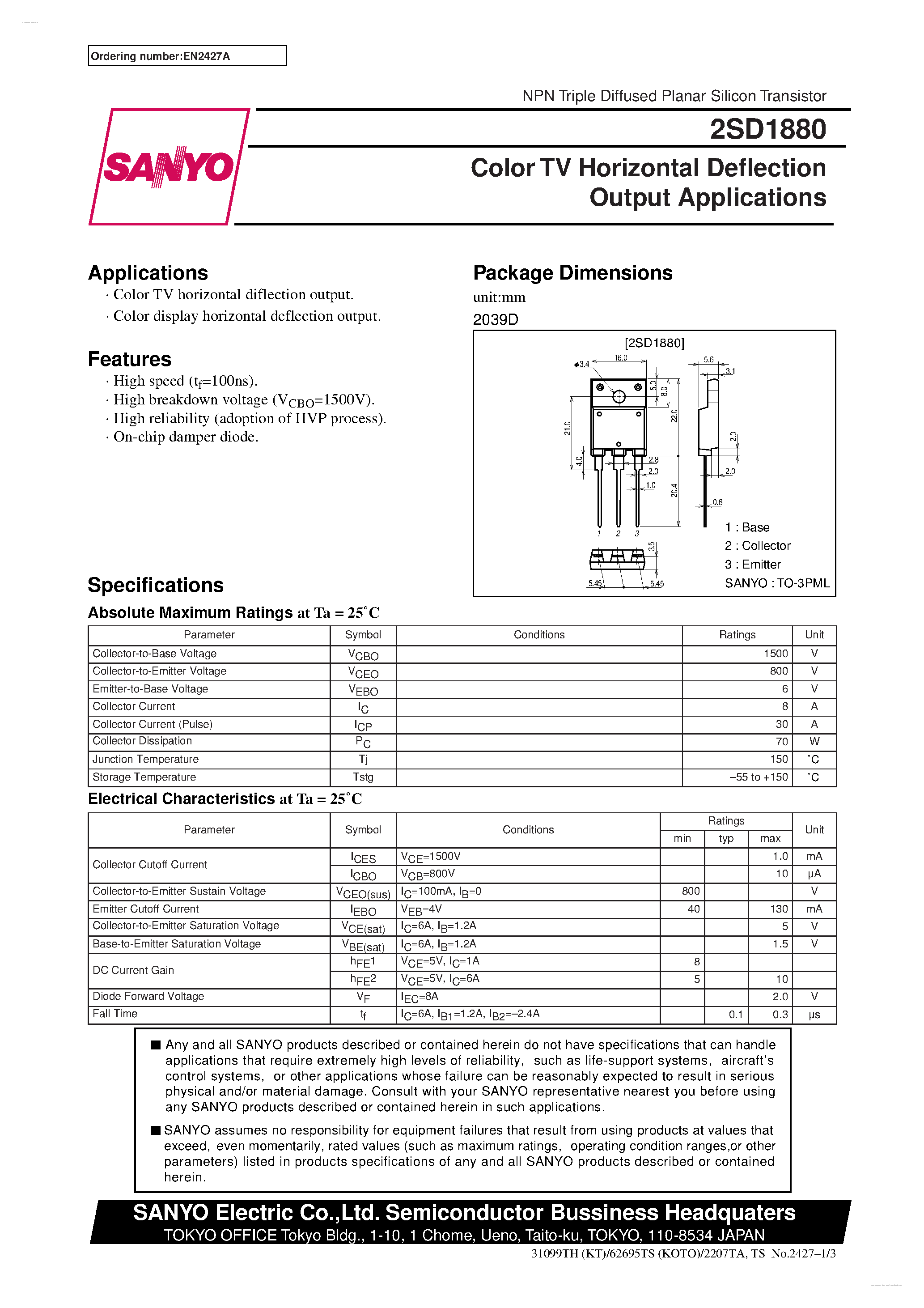 Datasheet 2SD1880 - Color TV Horizontal Deflection Output Applications page 1