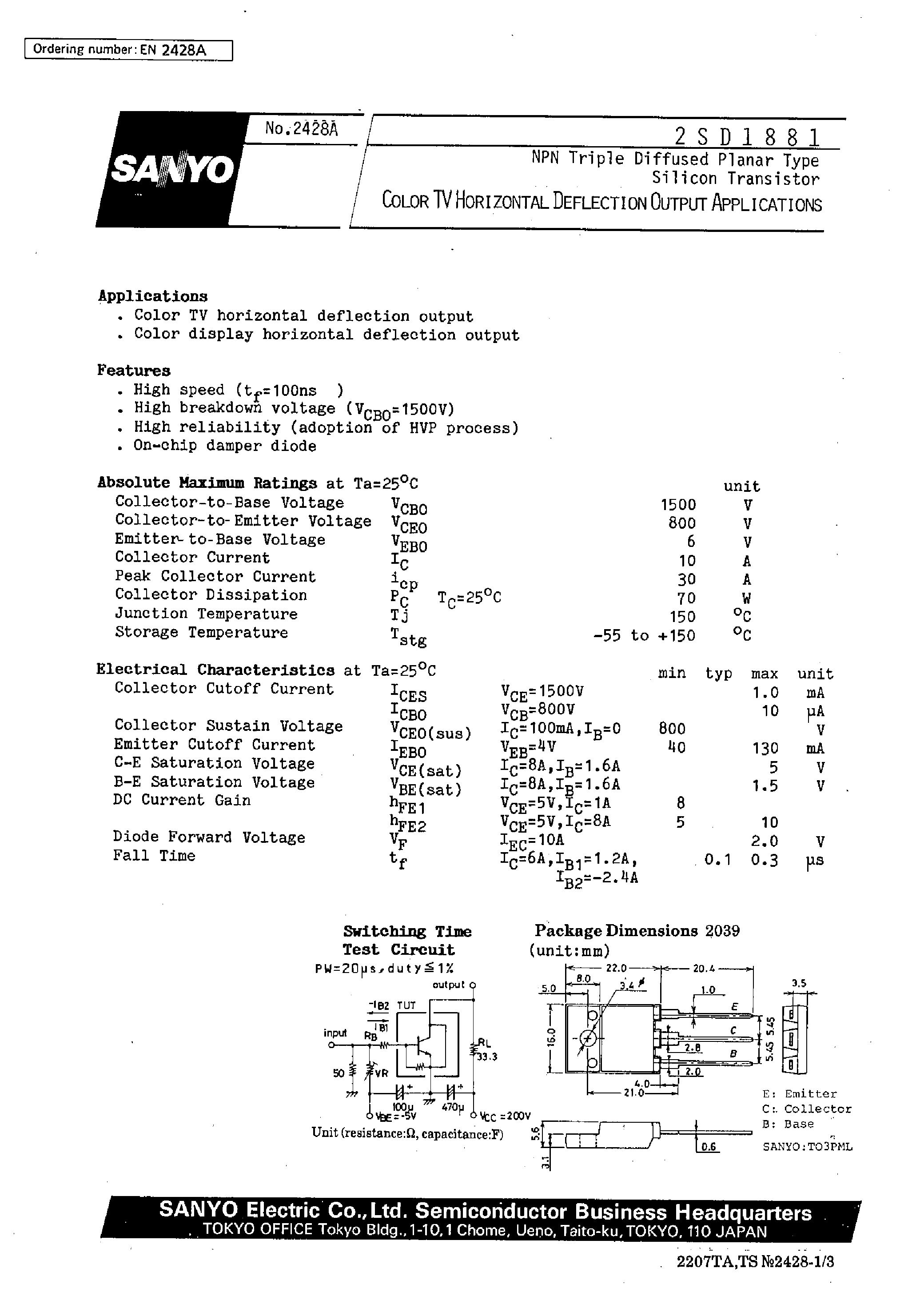 Datasheet 2SD1881 page 1 Datasheet 2SD1881 - Color TV Horizontal Deflection Output Applications page 1