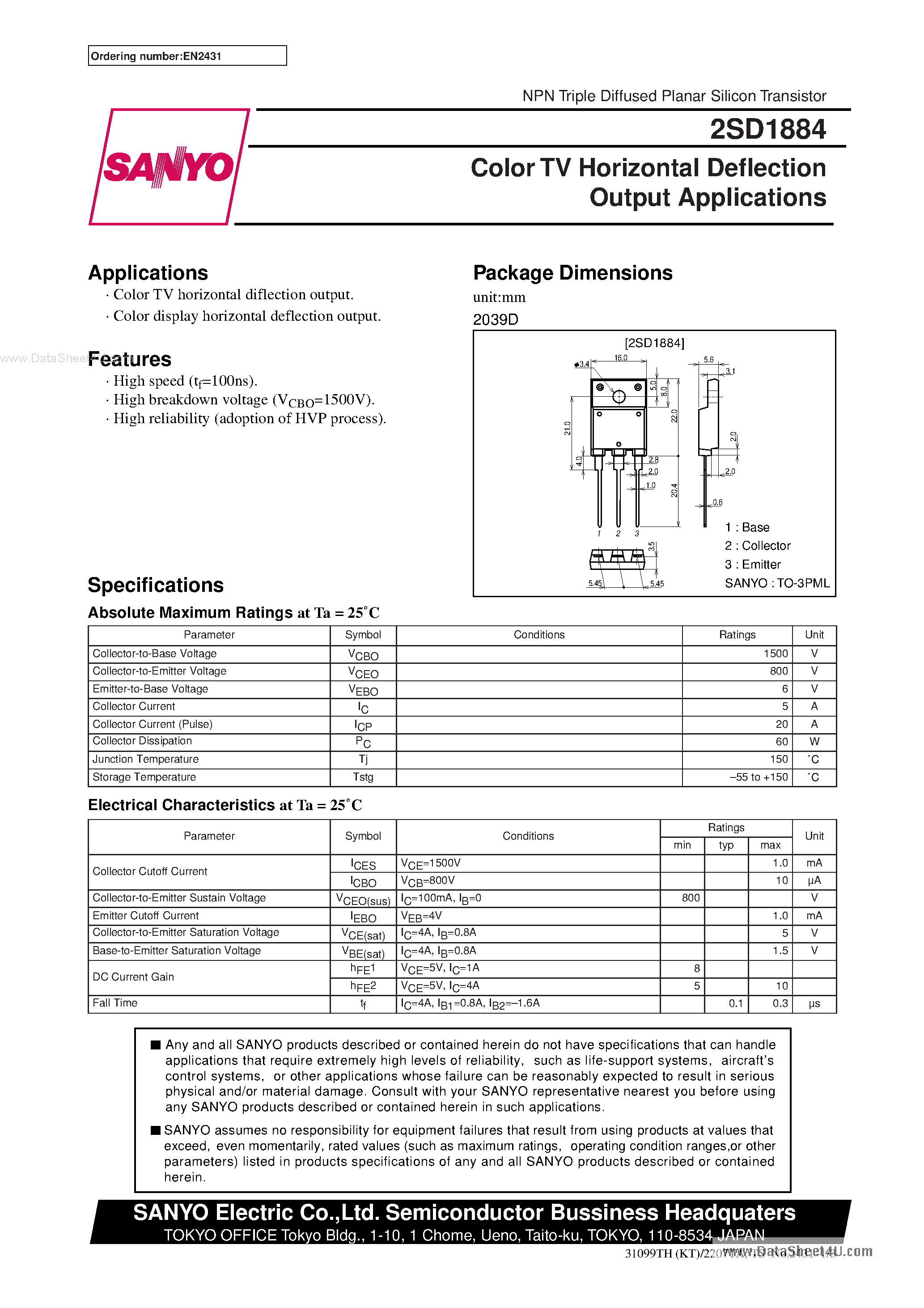 Datasheet 2SD1884 page 1 Datasheet 2SD1884 - Color TV Horizontal Deflection Output Applications page 1