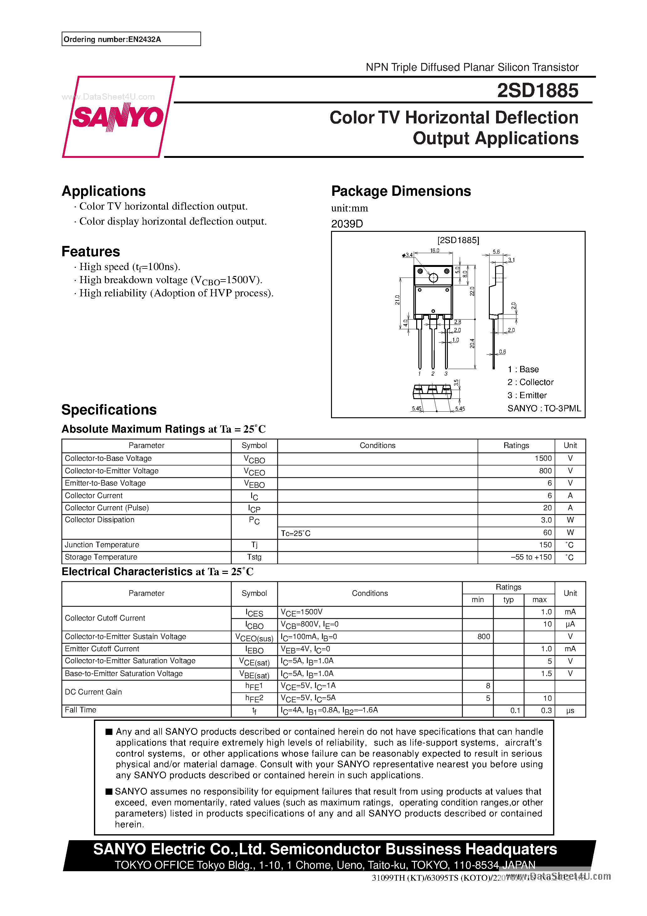 Datasheet 2SD1885 - Color TV Horizontal Deflection Output Applications page 1