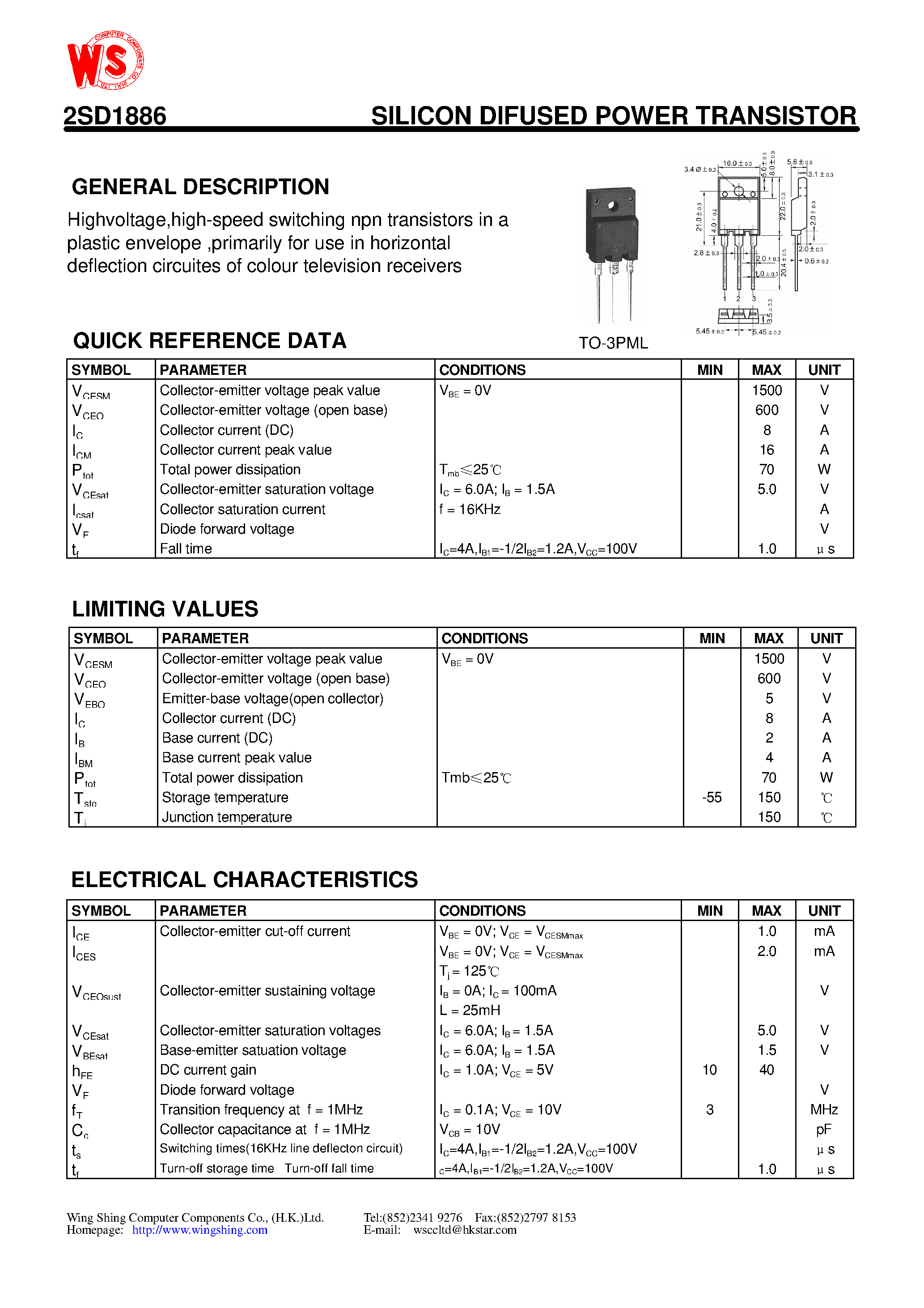 Datasheet 2SD1886 - SILICON DIFUSED POWER TRANSISTOR(GENERAL DESCRIPTION) page 1