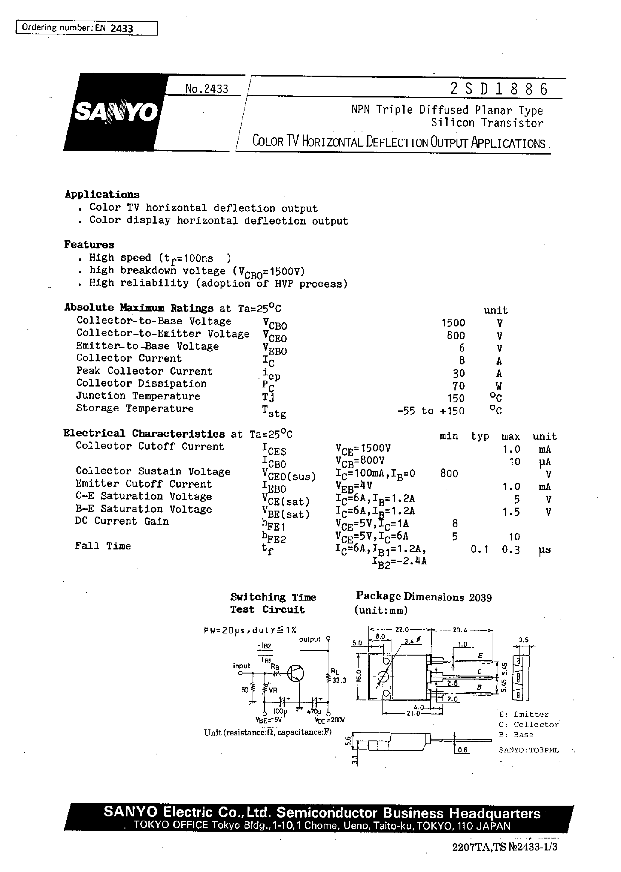 Datasheet 2SD1886 - Color TV Horizontal Deflection Output Applications page 1