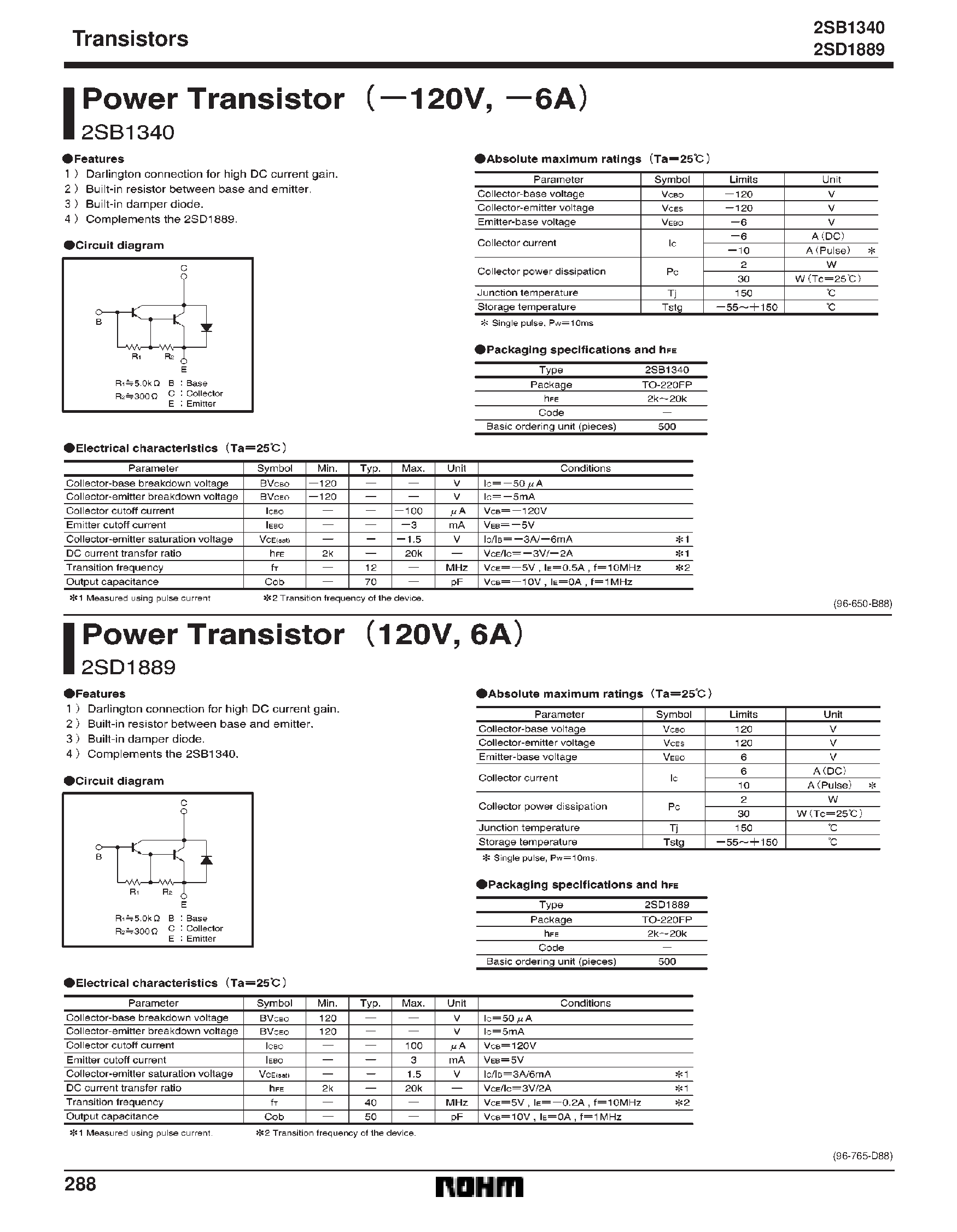 Datasheet 2SD1889 page 1 Datasheet 2SD1889 - Power Transistor (120V/ -6A) page 1