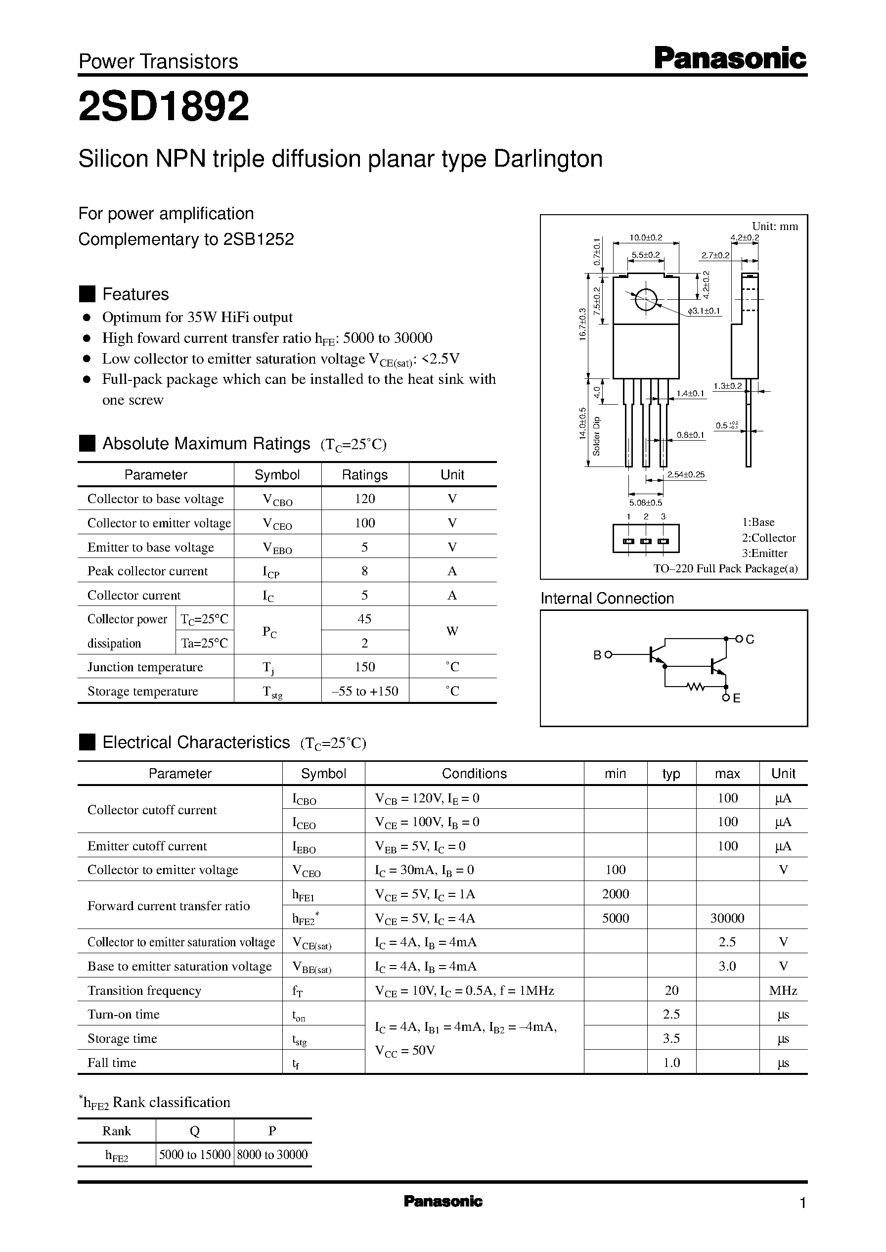 Datasheet 2SD1892 page 1 Datasheet 2SD1892 - Silicon PNP epitaxial planar type Darlington(For power amplification) page 1