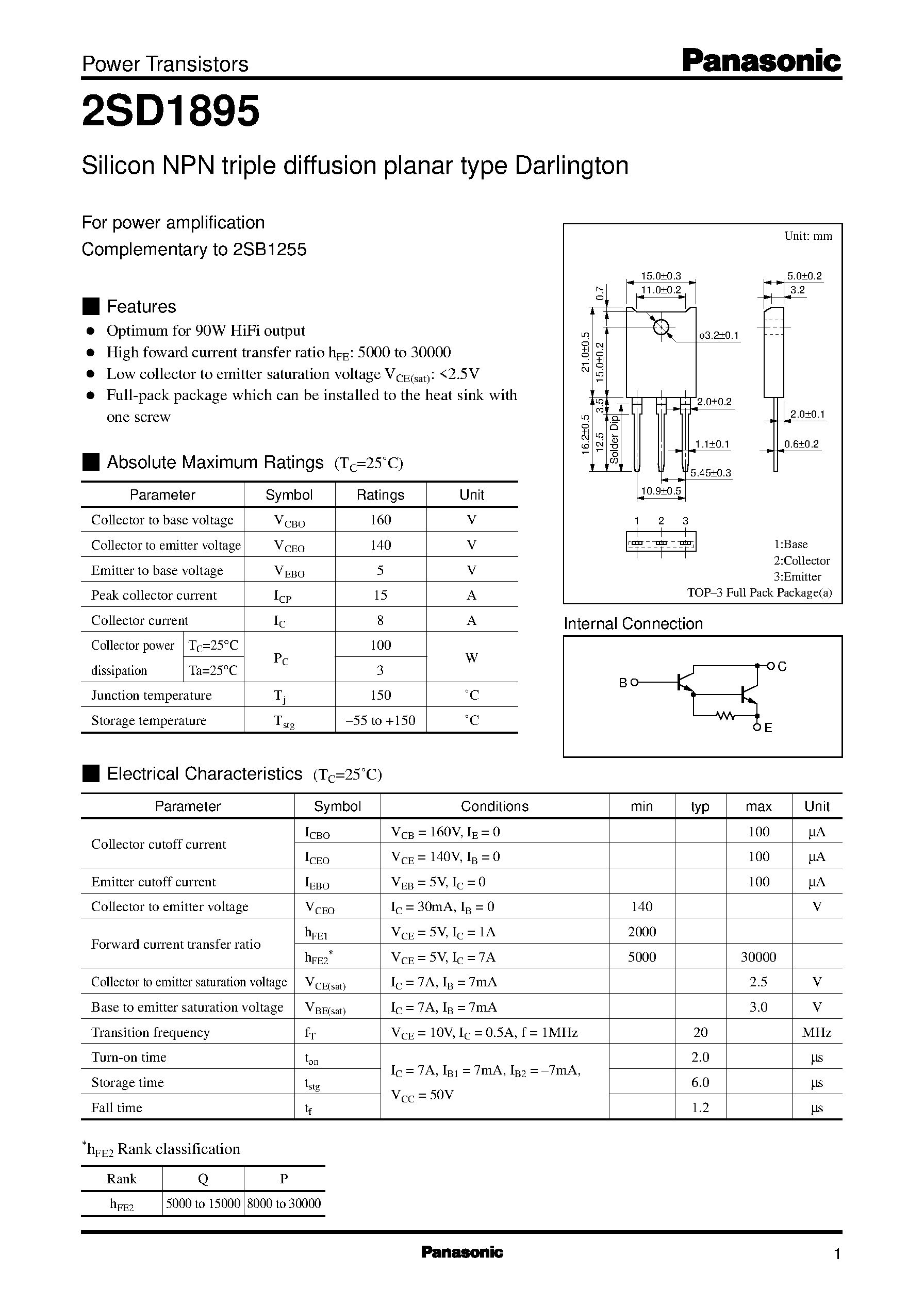 Datasheet 2SD1895 page 1 Datasheet 2SD1895 - Silicon PNP epitaxial planar type Darlington(For power amplification) page 1