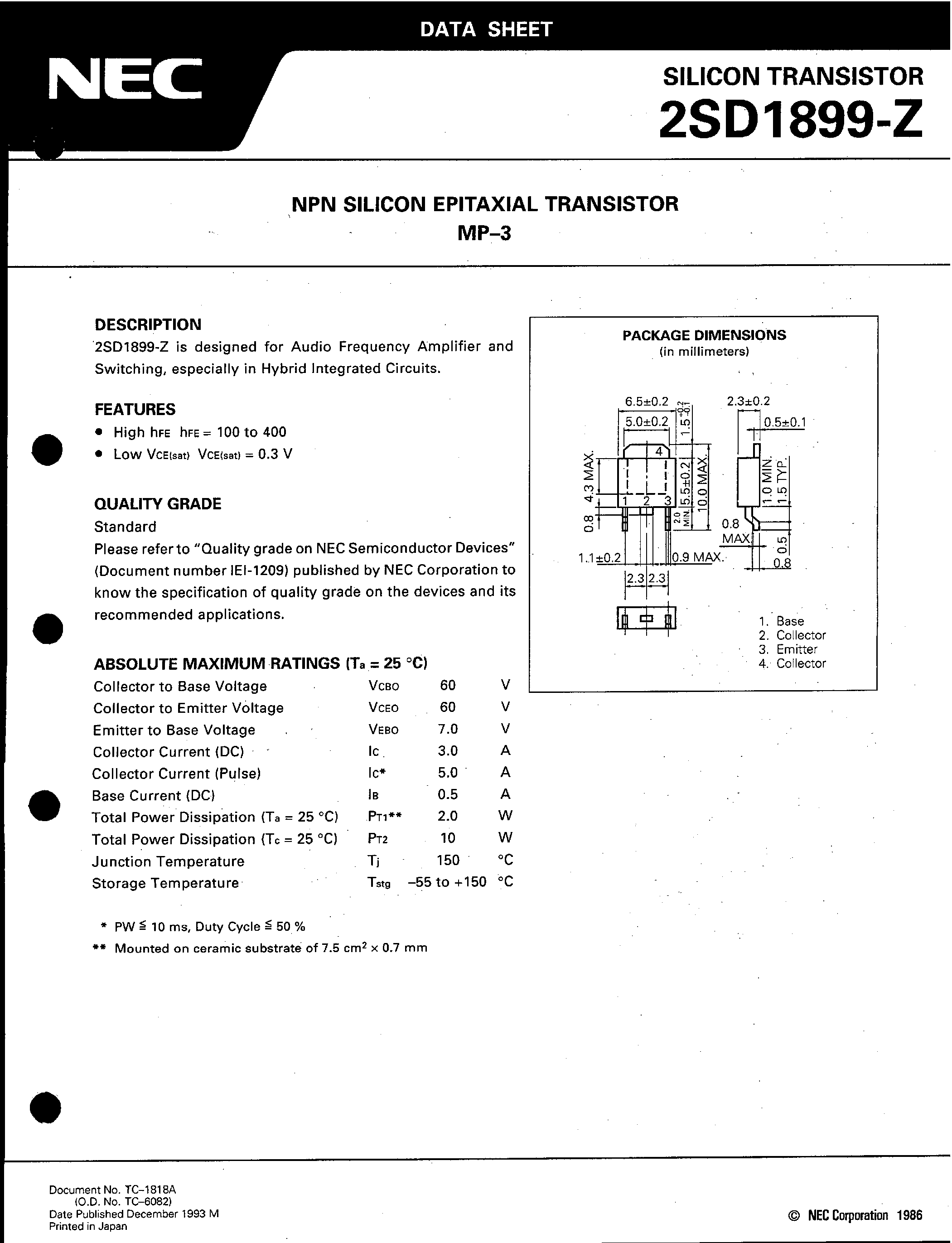 Datasheet 2SD1899-Z page 1 Datasheet 2SD1899-Z - NPN SILICON EPITAXIAL TRANSISTOR MP-3 page 1