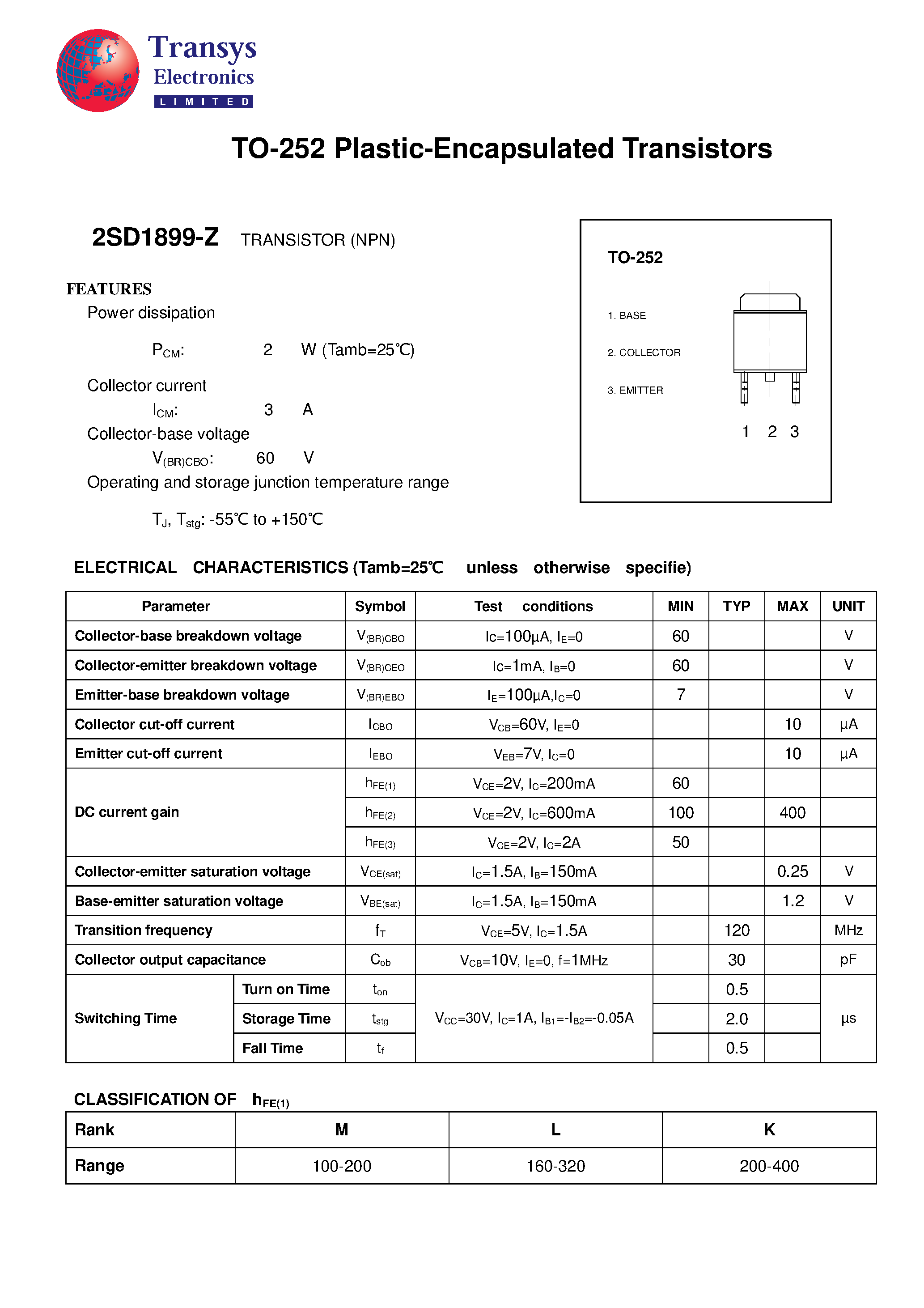 Datasheet 2SD1899-Z page 1 Datasheet 2SD1899-Z - TO-252 Plastic-Encapsulated Transistors page 1
