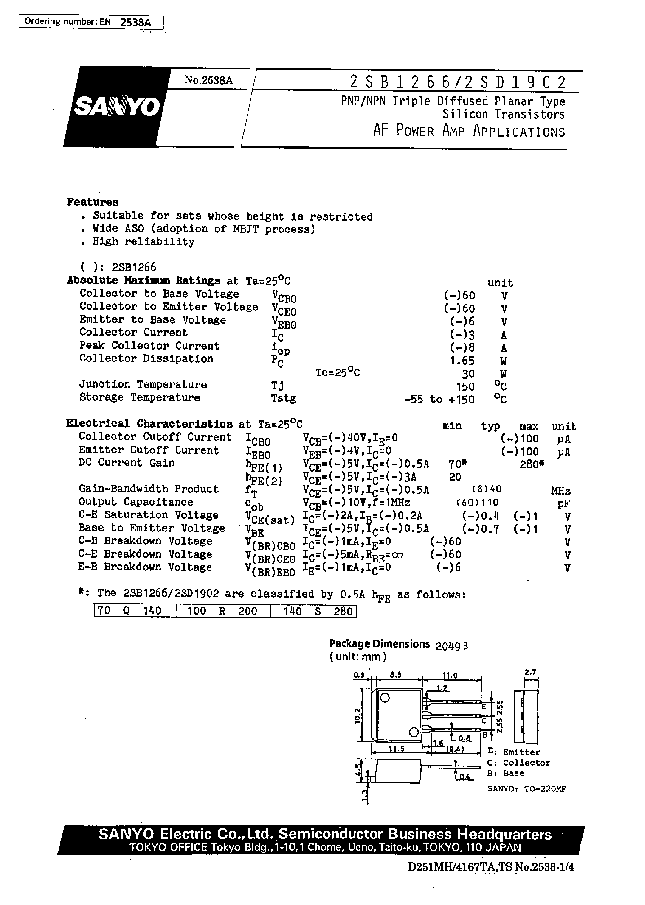 Datasheet 2SD1902 - AF Power Amp Applications page 1