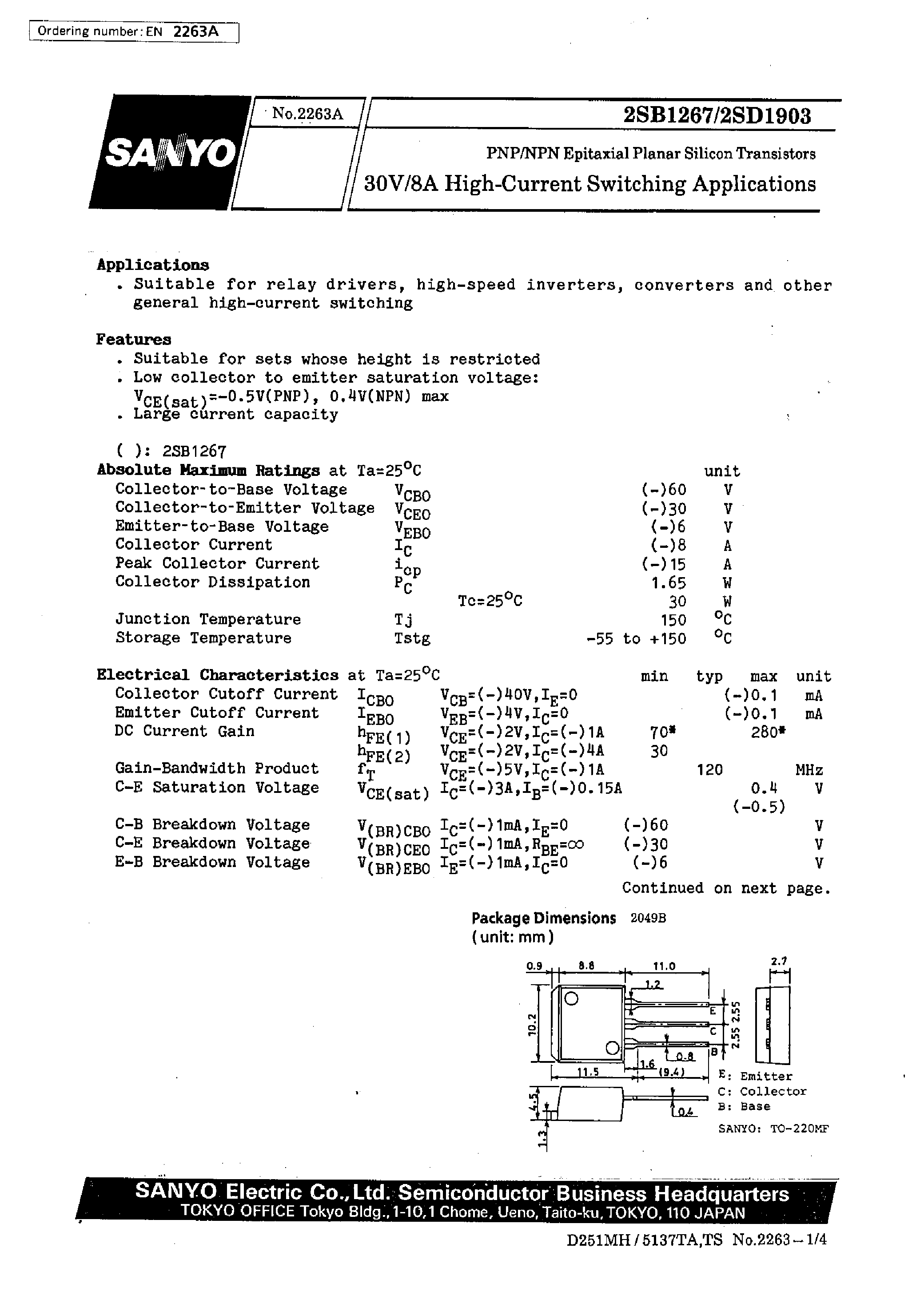 Datasheet 2SD1903 - 30V/8A High-Current Switching Applications page 1